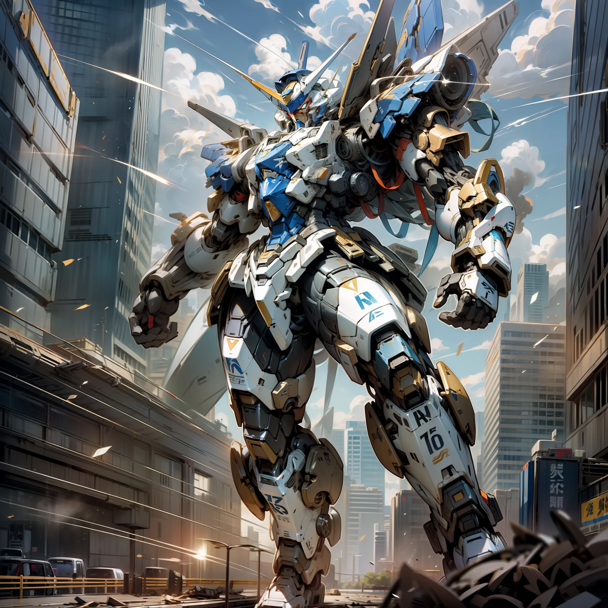 (masterpiece), (super beautiful), mobile suit, mech, black color, saber, curve, running through the city, half-destroyed city, sense of speed, light, blue sky, clouds