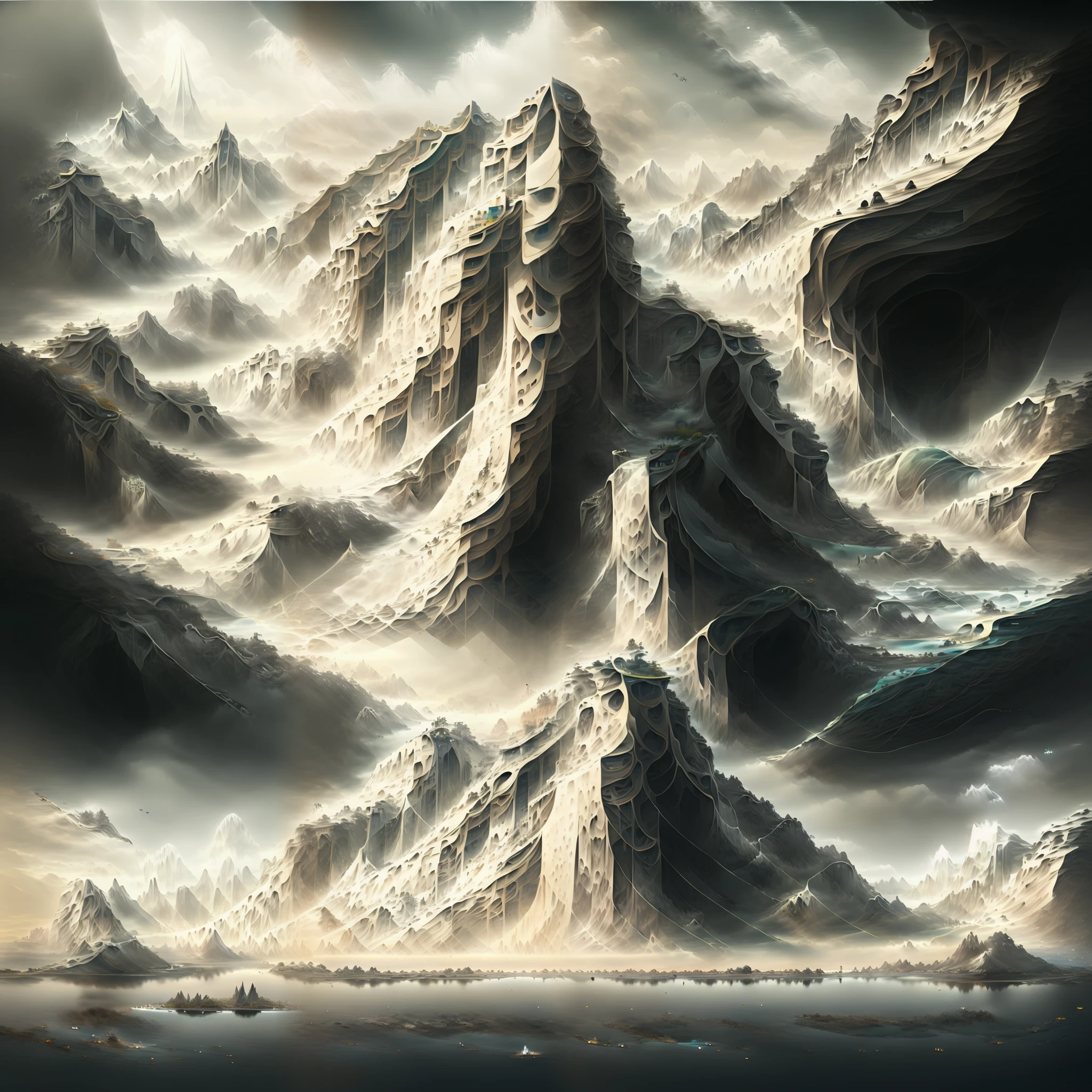 there is a digital painting of a mountain with a waterfall, symmetrical epic fantasy art, organic matte painting, most epic landscape, matte digital painting, illustration matte painting, surreal concept art, matte painting ”, matte painting”, dramatic concept art, epic fantasy digital art style, floating mountains, detailed fantasy digital art, dreamlike digital painting, fractal landscape, alien waterfall