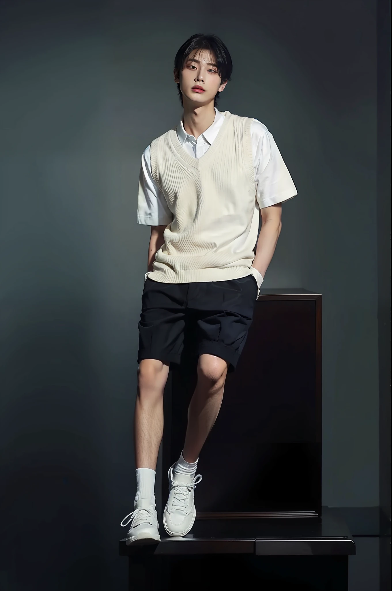 masterpiece, best quality, 1boy, solo, collared shirt, white shirt, sweater vest, tie, short sleeves, half body, looking at viewer