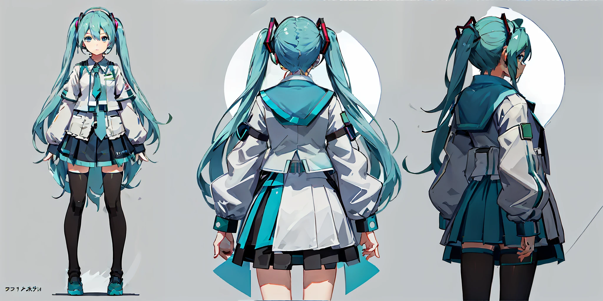 Cotton jacket, Hatsune Miku, white background, standing, best quality (1.3), masterpiece (1.2), character sheet