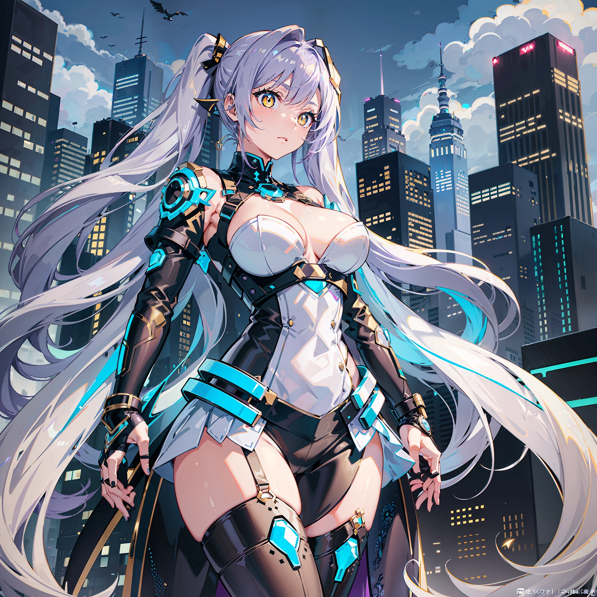 single girl,alone,19 years old,well_developed curves,curvaceous_body,hourglass_figure,perspective,beautiful_face,high_quality_outfits,futuristic_outfits,silght_blush,full_body,full detail face;

(Violet hair:1.4),indigo hair tips,violet (helix-shaped twintails:1.35),two long fin-shaped white hairclips,pointing upwards;(golden eyes:1.5),( white hilted pupils:1.4),golden holographic one-piece goggle eyeglasses on eyes;one hexagon aqua locket on breast

Futuristic battlesuit,fitting body curves,white armored shoulder guards,black long slender sleeves,white armored gauntlets with violet decorations,black gloves,white tanktop around breasts,black armored corset,two aqua buttons,aqua zipper,white waistband with four gadget holsters,an aqua stripe framing breast,white trimmed armor skirts with aqua decorations,white and aqua-edged armor tassets,black skintight trousers,white pantyhoses with hexagon aqua patterns,one aqua gartener belt,silver waistband with gadget holsters;silver mechanic boots,heeled boots;

White mechanic backpack on back;

Rainy weather,night,stormy sky in background,rainy weather,floating in midair,overlooking city from midair,calm expression,vigilat gaze,stretching hands,standing,looking forwards