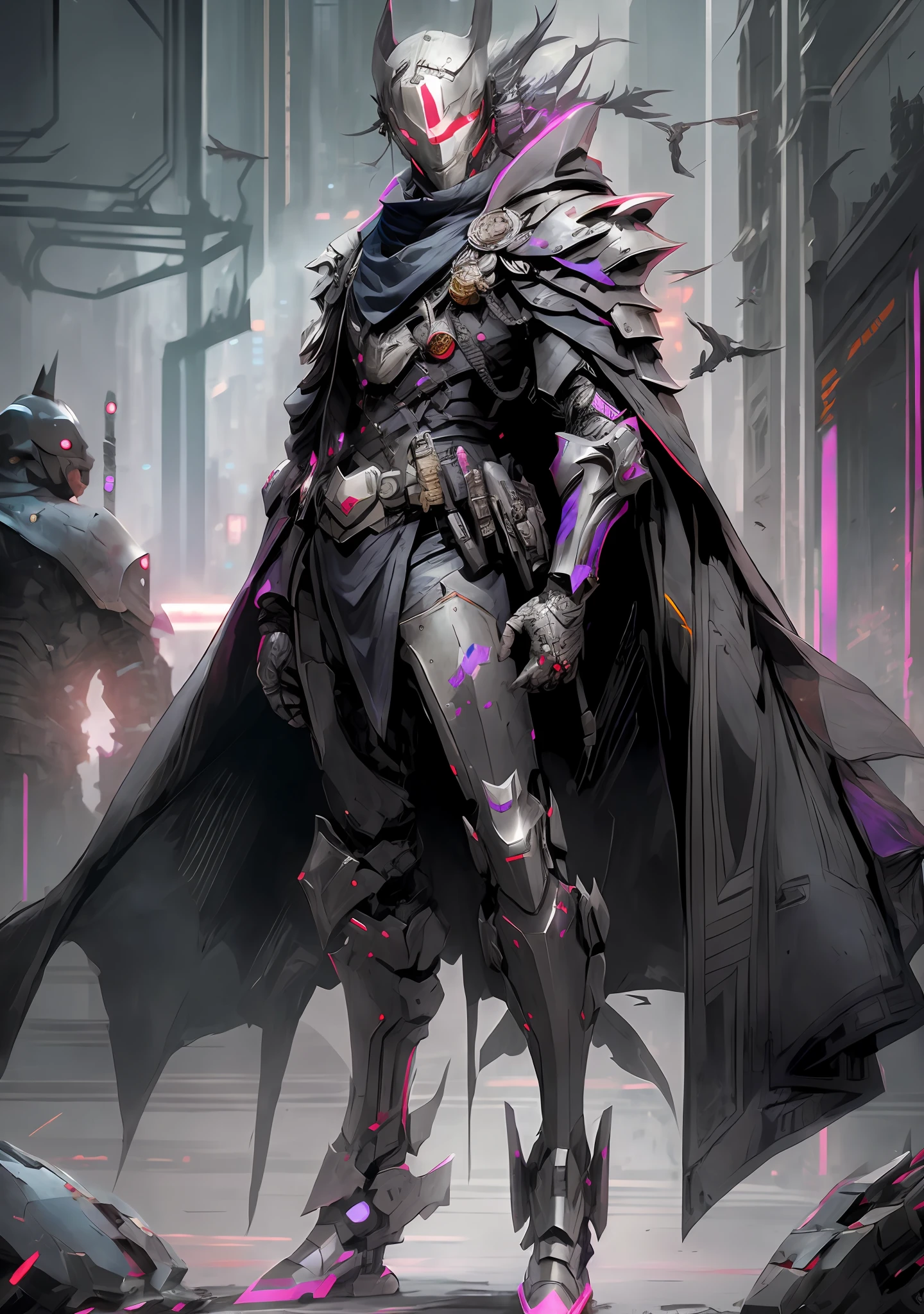 arafed image of a man in armor standing in a city, amazing 8k character concept art, cyberpunk batman, style of raymond swanland, senior concept artist, krenz cushart and wenjun lin, feng zhu concept art, cyberpunk knight, ross tran 8 k, crow in cyber armour, 8 k high detail concept art