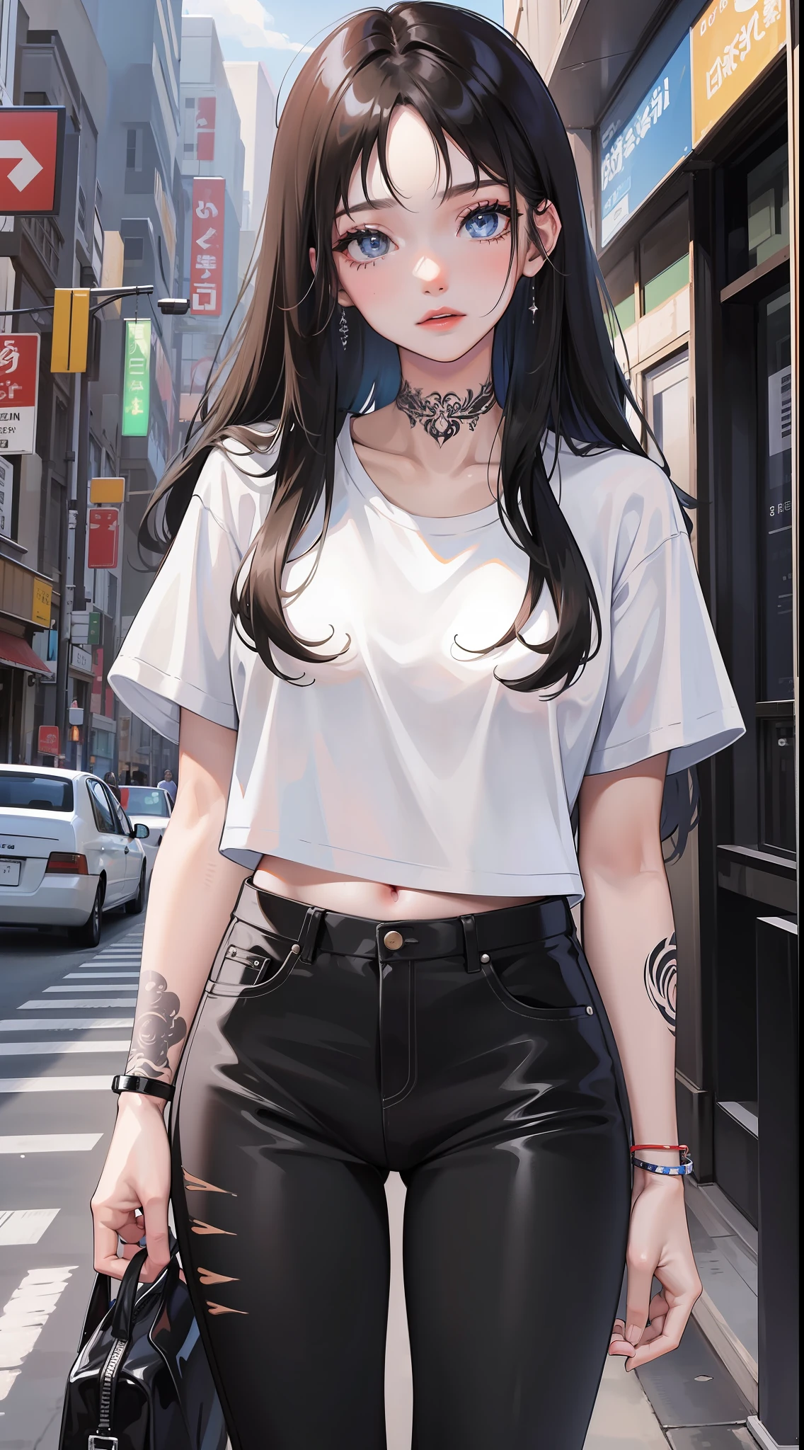 Young girl, long black hair, blue eyes, tattoo on face, white T-shirt, pants, masterpiece, high quality