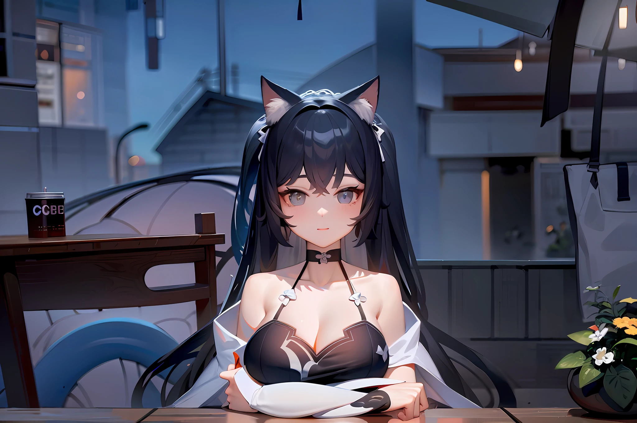 (Masterpiece:1.2), (Best Quality:1.2), Night, (Looking at the viewer), girl in a ?????? top with a cat ear, gray eyes, attractive cat girl, realistic, huge, happy face, red cheeks --auto --s2