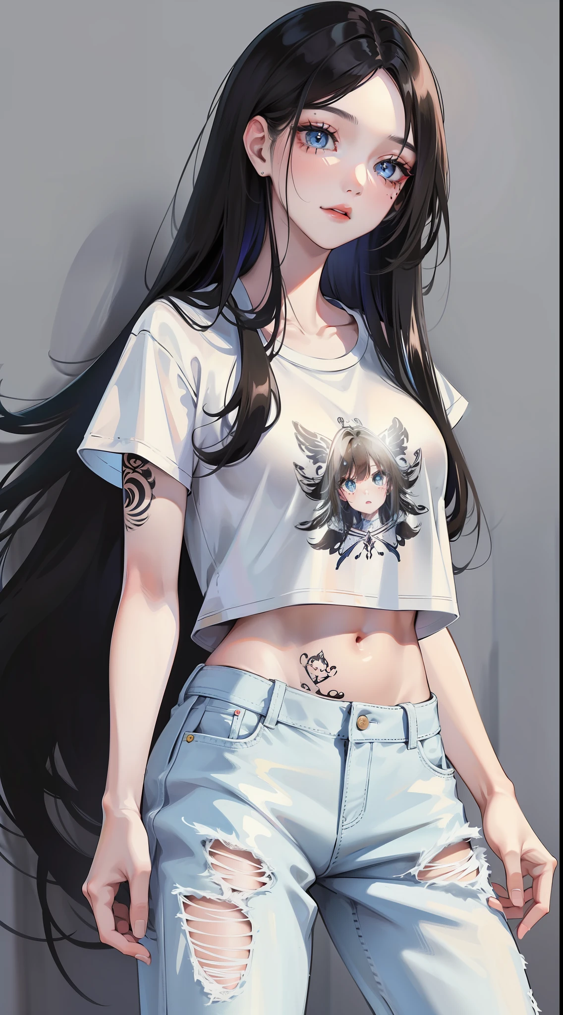 Young girl, long black hair, blue eyes, tattoo on face, white T-shirt, pants, masterpiece, high quality