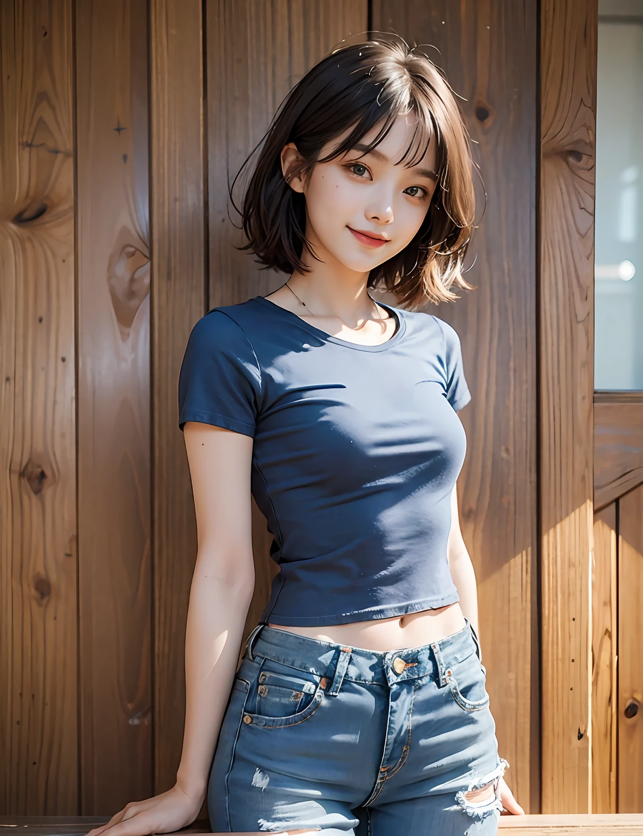 Girl taking photo in T-shirt and tight denim, arms behind back, full body, slim figure, smile, small bust, slim girl model, 24 year old female model,