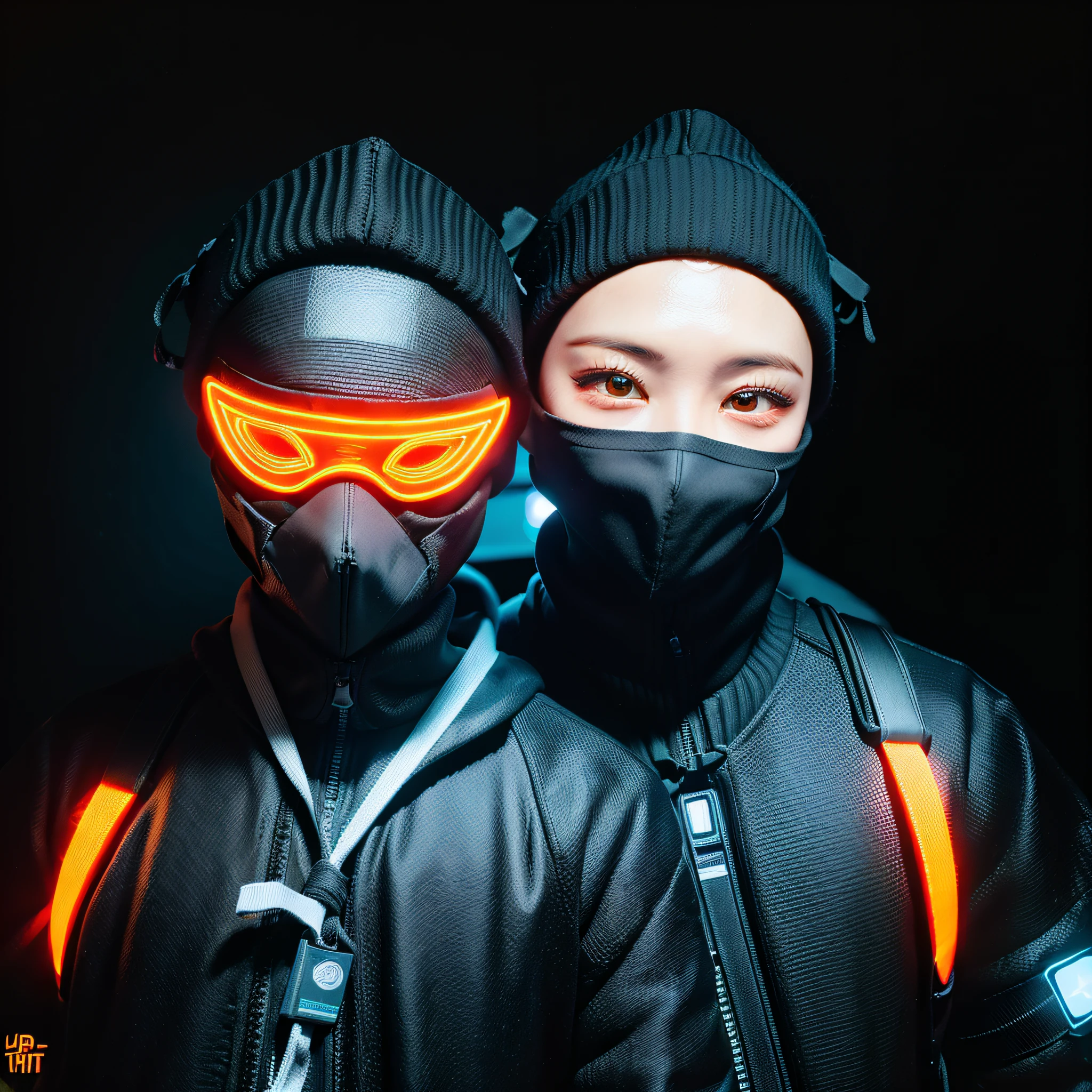 ("Techwear boy wearing LED mask")+("Orange cat with bandana in hand")+("Neon lights in the background") black background