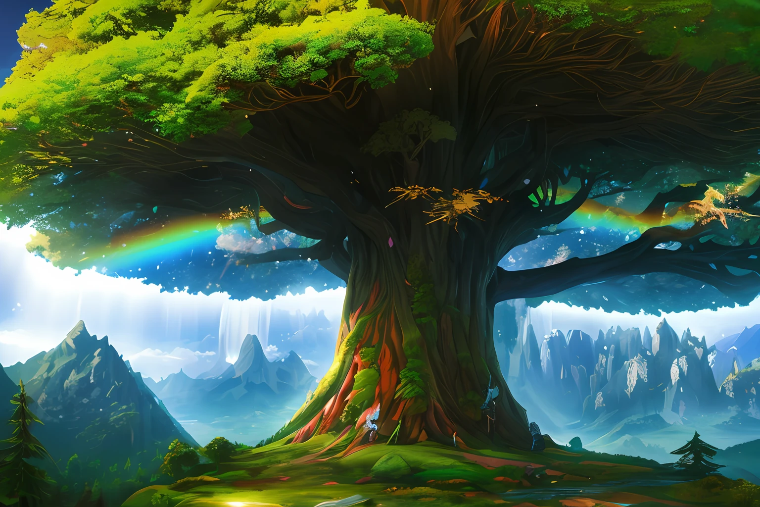 Create a scenario where there are several unicorns flying around a tree.