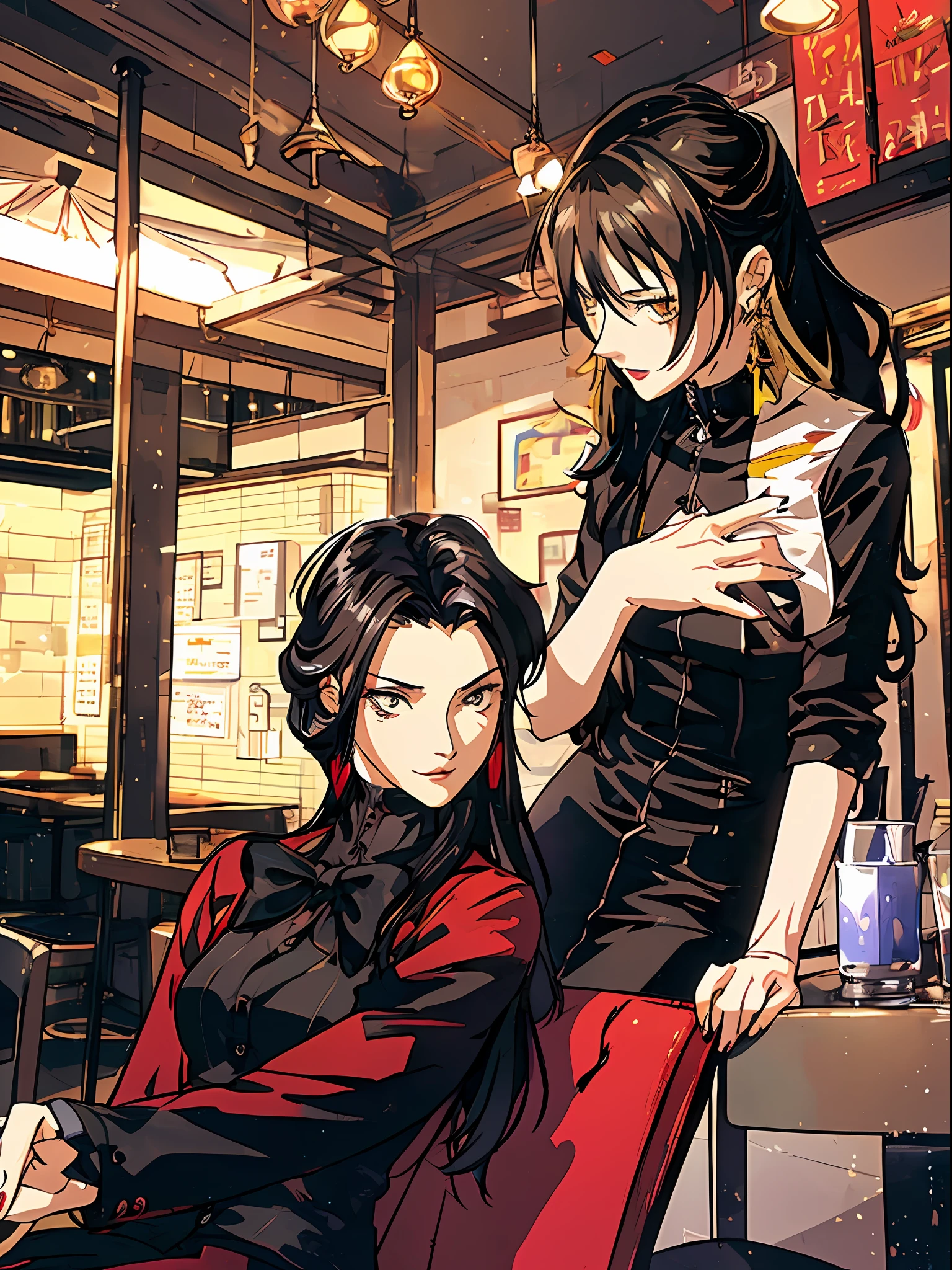 An adult woman, European, black spiky hair, light brown eyes degrade with yellow, red lipstick, eye shadow, blush, tired expression, affectionate smile, dressed in an open black blazer, red dress shirt, long ruby earrings, sitting in a café, putting her hair behind her ear, a little light sepia in the lighting, light effects in various directions, Cold weather, indoor plants, sunny day, wavy hair