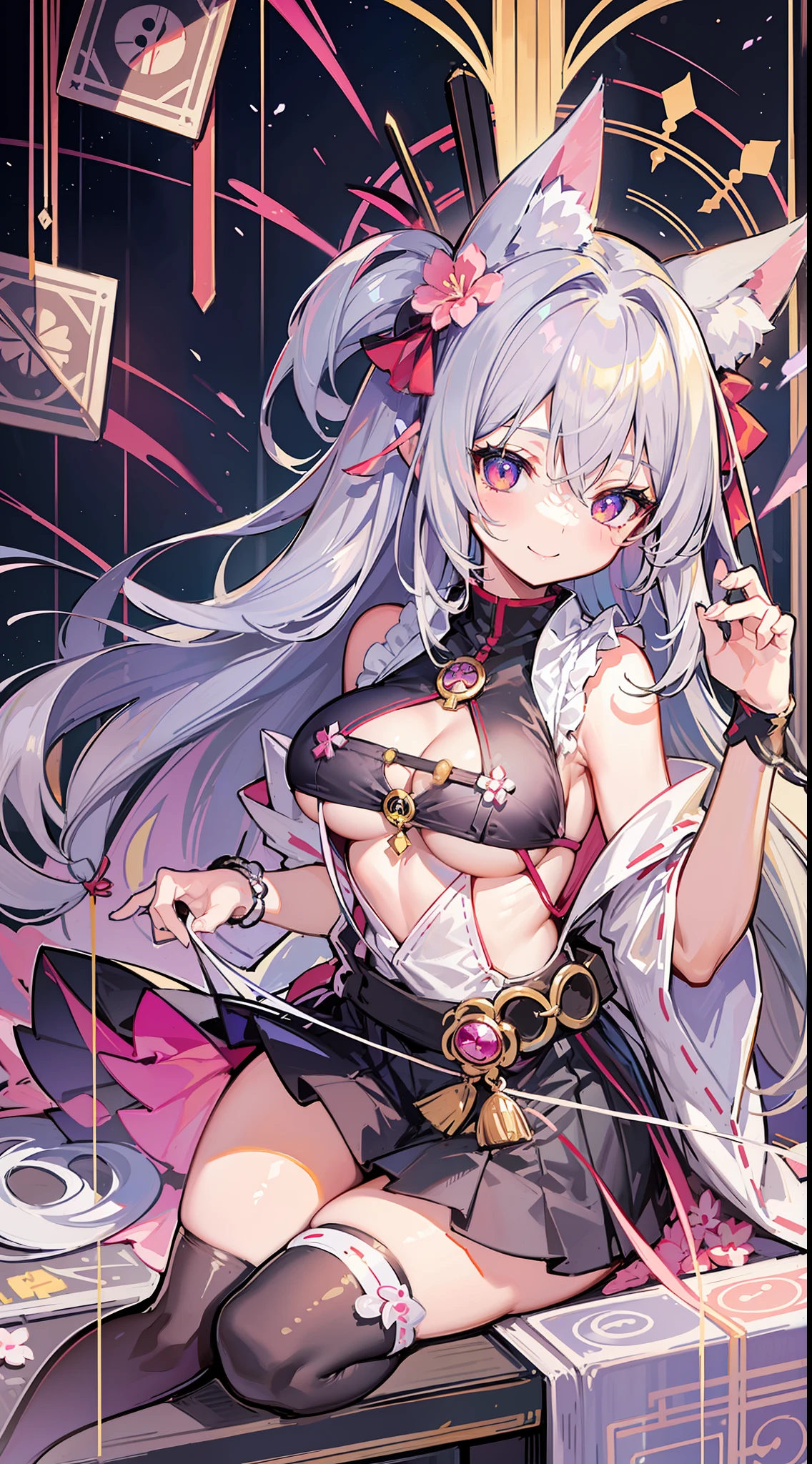 (Masterpiece), (Best Definition Anime Illustration), (Super Definition), One Girl, Solo, Beautiful Girl with Silver Hair, Anime , Cat Ear Loliiestess Loli, Miakama, Sleeveless, Smile, Cleavage Emphasis, Side Boob, Thighs, Tarot Card Style, Sakura