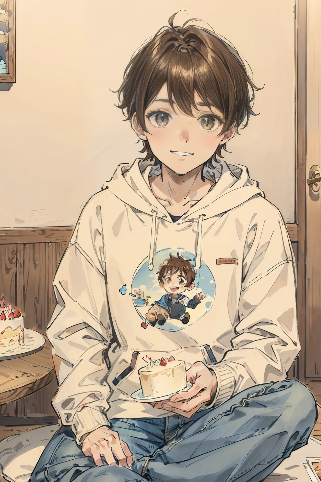 Picture of a boy , highlighted Brown hair, wearing jeans jacket and white hoodie,sitting in front of birthday cake , fake smile , esthetic, masterpiece,