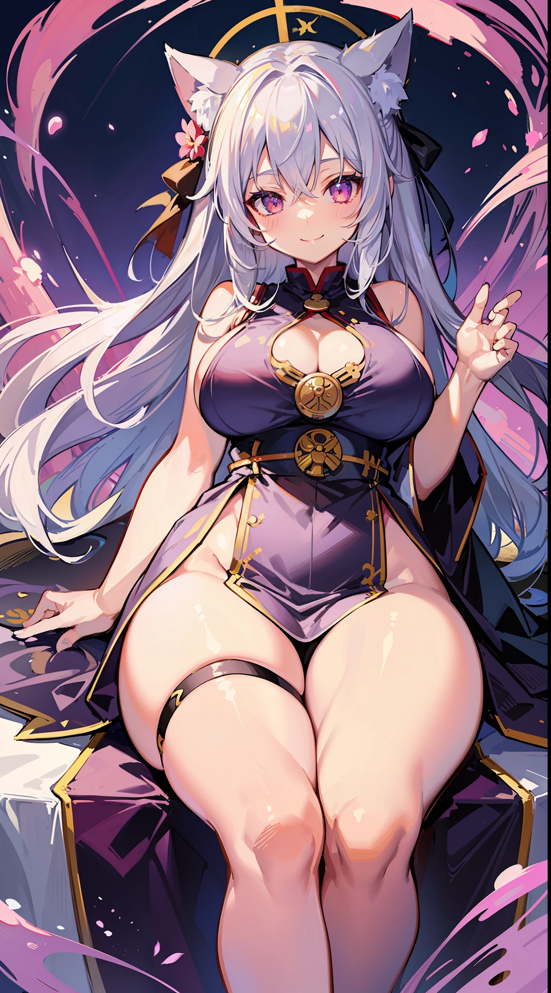 (Masterpiece), (Best Definition Anime Illustration), (Super Definition), One Girl, Solo, Beautiful Girl with Silver Hair, Anime Loli, Cat Ear Loli, Priestess Loli, Miko Hakama, Sleeveless, Smile, Cleavage Emphasis, Side Boob, Thighs, Tarot Card Style, Sakura