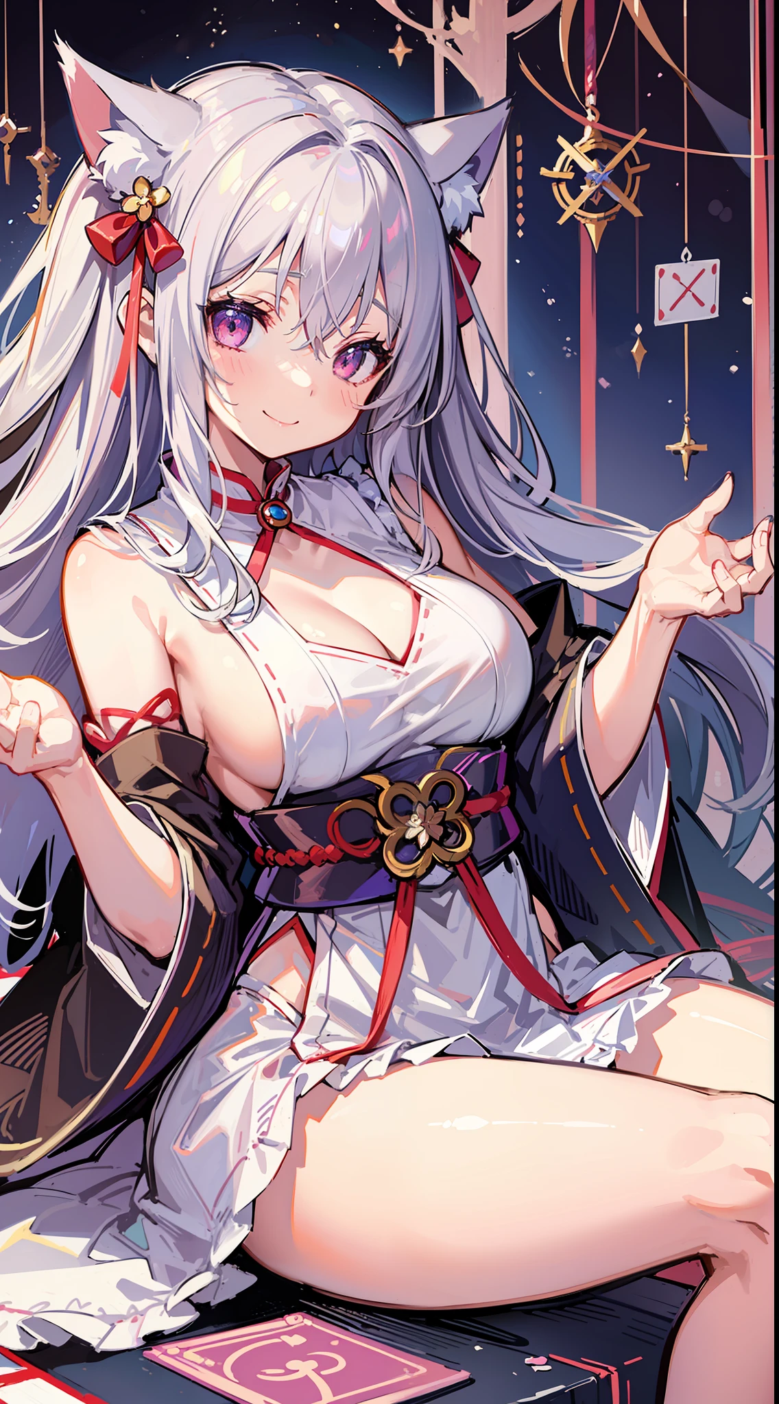 (Masterpiece), (Best Definition Anime Illustration), (Super Definition), One Girl, Solo, Beautiful Girl with Silver Hair, Anime Loli, Cat Ear Loli, Priestess Loli, Miko Hakama, Sleeveless, Smile, Cleavage Emphasis, Side Boob, Thighs, Tarot Card Style, Sakura