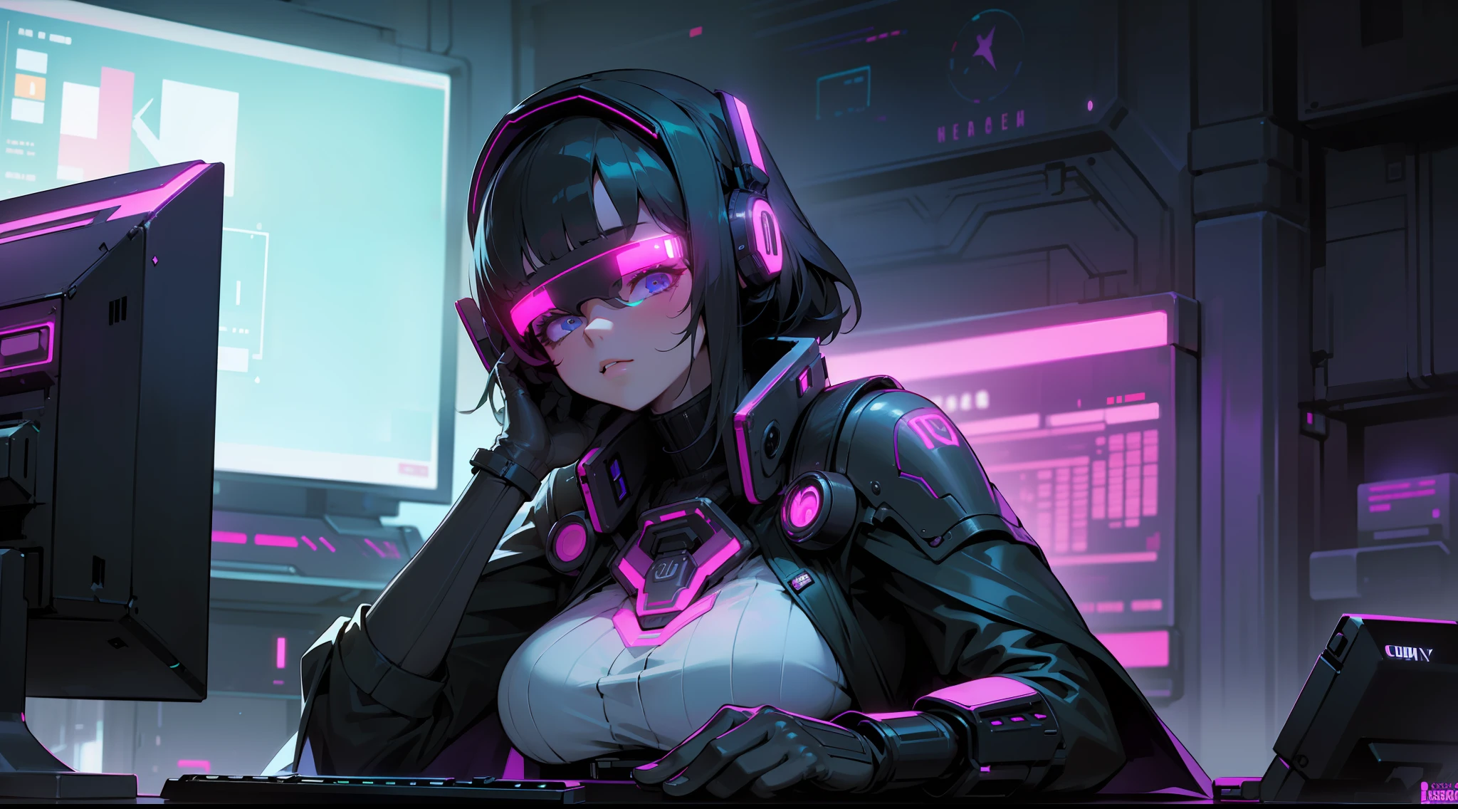 ((Best quality)), ((masterpiece)), (highly detailed:1.3), 3D,NeonNoir, beautiful cyberpunk woman,(wearing head-mounted display that is chunky and hi-tech:1.2),wearing a cape,hacking a computer terminal,PURPLE NEON LIGHT FROM MONITOR, GREEN NEON SIGNS ON THE WALL,