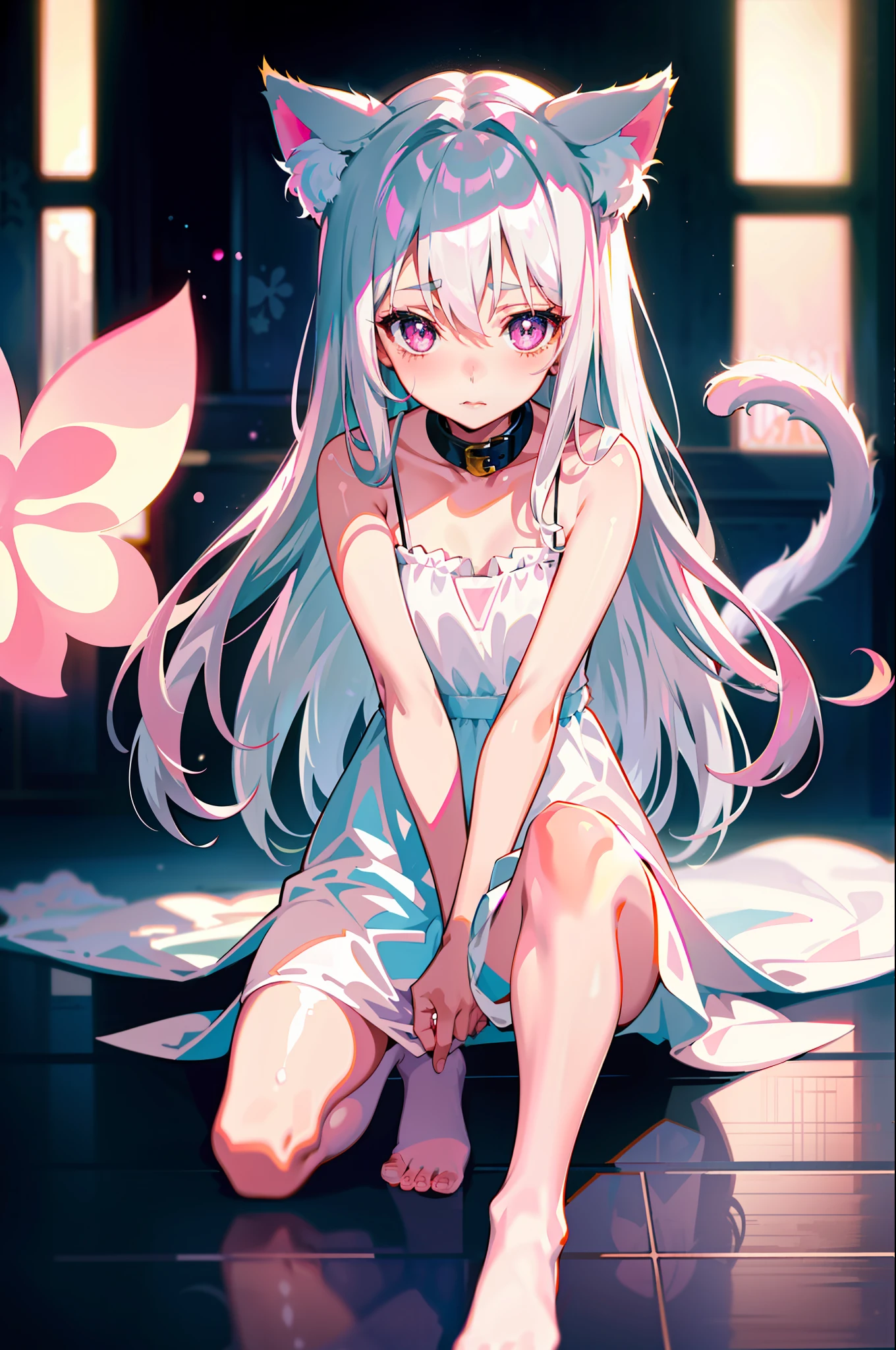 Best Quality, 1 Girl, Warm Lighting, Silver Hair on the Top of the Head and Pink at the Tips, Cute, Anime, Sheer White Skin, Asian Girl, Full Body, Sensual, Gentle Eyes, Cat Ears, Animation, Fantasy, Seductive, Shy Face, 14 Years Old, Frightened, White Dress, Collar, Tail, Wizard