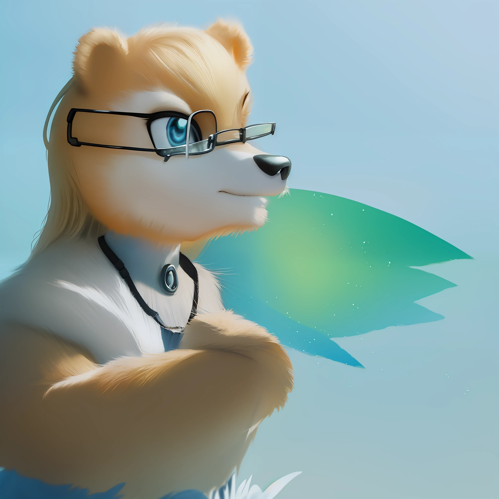 ((Best quality, 8k, masterpiece; 1.3)), super cute, bear, pocket version, lake blue clothes with SBK in hand, holding a pair of glasses in hand, big bright eyes, fluffy, smile, delicate and delicate, fairy tale, incredibly high detail, pixar style, bright color palette, natural light, simple background in solid colors, octane rendering, trend on artstation, gorgeous, ultra wide angle, 8k, hd, realistic