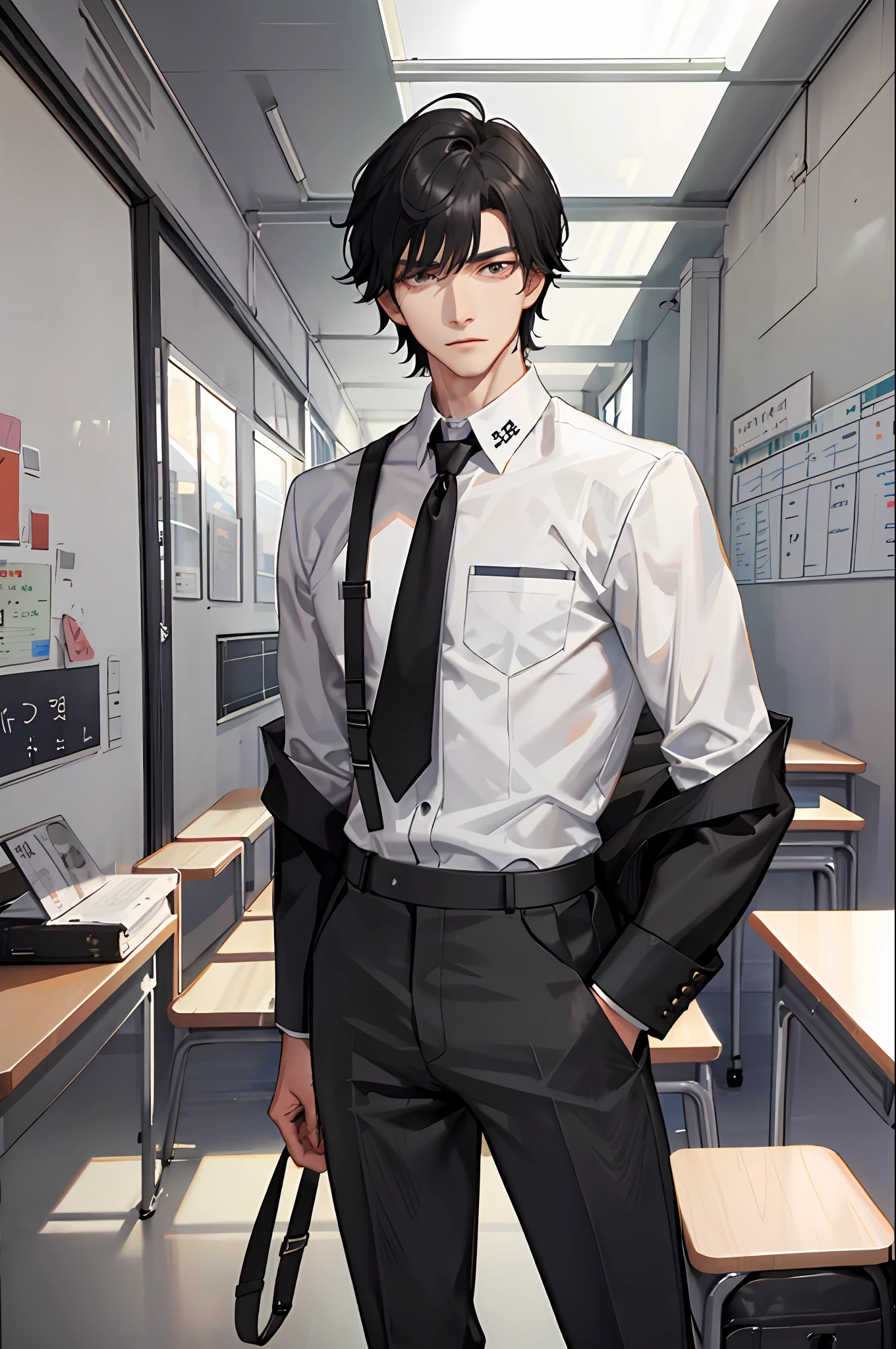 1boy, [detailed background (classroom, school)], black hair, jet black hair, short black hair, korean hairstyle, bowl hairstyle, lean and muscular male, alpha male, masculine male, tall male, teenager ((man wears an white school uniform, gray trousers)), correct limbs, correct anatomy, handsome, Eye details, beautiful eyes, delicate eyes, amber eyes, avoid different eyes, broad chest, broad shoulders, tiny waist, long legs, serious face
