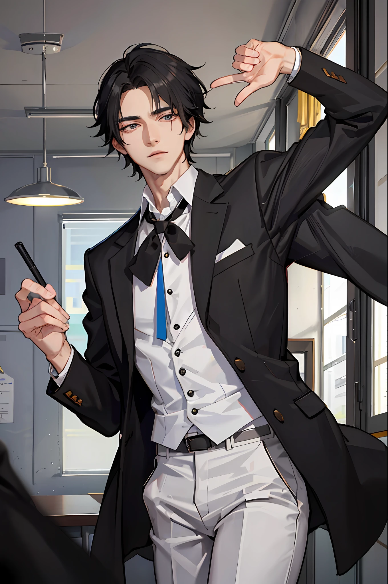 1boy, [detailed background (classroom, school)], black hair, jet black hair, short black hair, korean hairstyle, bowl hairstyle, lean and muscular male, alpha male, masculine male, tall male, teenager ((man wears an white school uniform, gray trousers)), correct limbs, correct ???????, handsome, Eye details, beautiful eyes, delicate eyes, amber eyes, avoid different eyes, broad chest, broad shoulders, tiny waist, long legs, serious face
