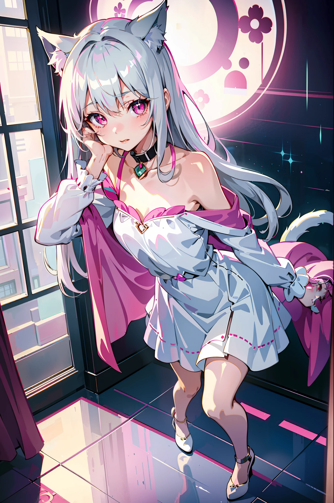 Best Quality, 1 Girl, Warm Lighting, Silver Hair on the Top of the Head and Pink at the Tips, Cute, Anime, Sheer White Skin, Asian Girl, Full Body, Sensual, Gentle Eyes, Cat Ears, Animation, Fantasy, Seductive, Shy Face, 14 Years Old, Frightened, White Dress, Collar, Tail, Wizard