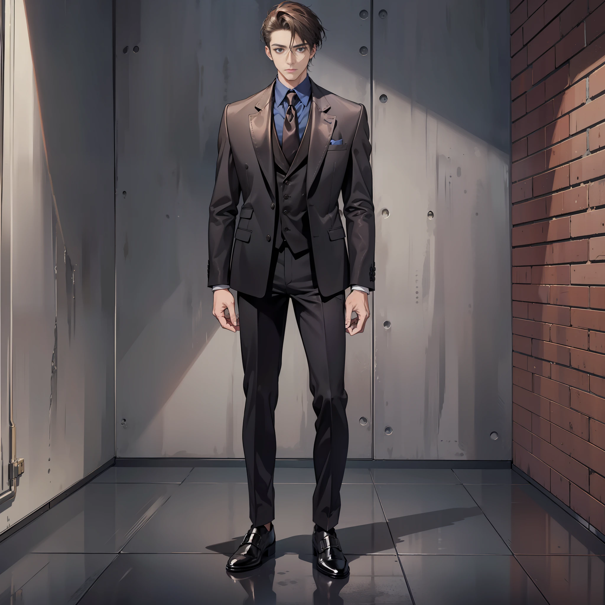 1 male, three-piece suit, leather shoes, jacket, standing