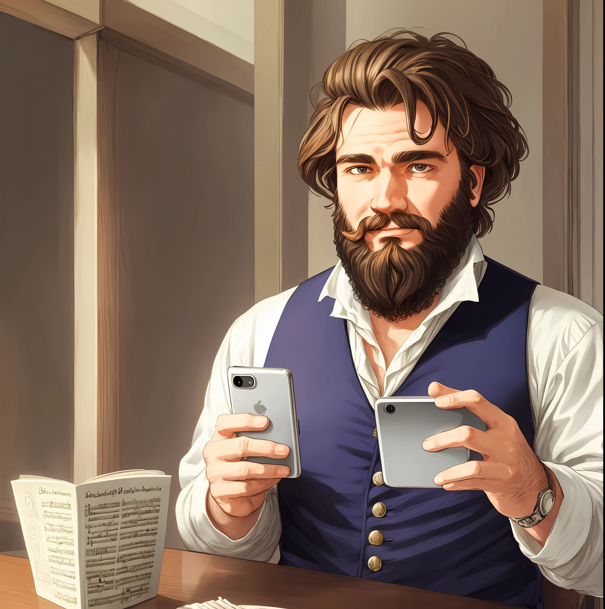 Beard, holding smartphone in right hand, left out of sight, Beethoven, soft big smile, big eyes, no forehead lines --auto --s2