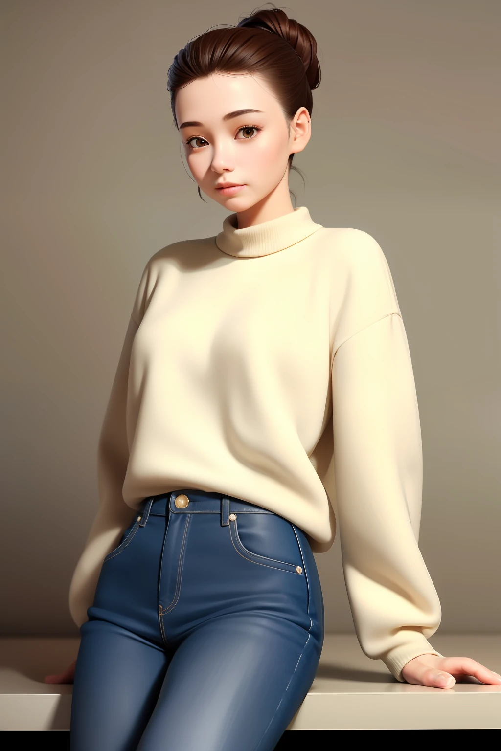 Top Quality, 3D, Full Body, Features (Small Face, Short Stature, Brown Hair, Loose Fluffy, Clothing Dress)