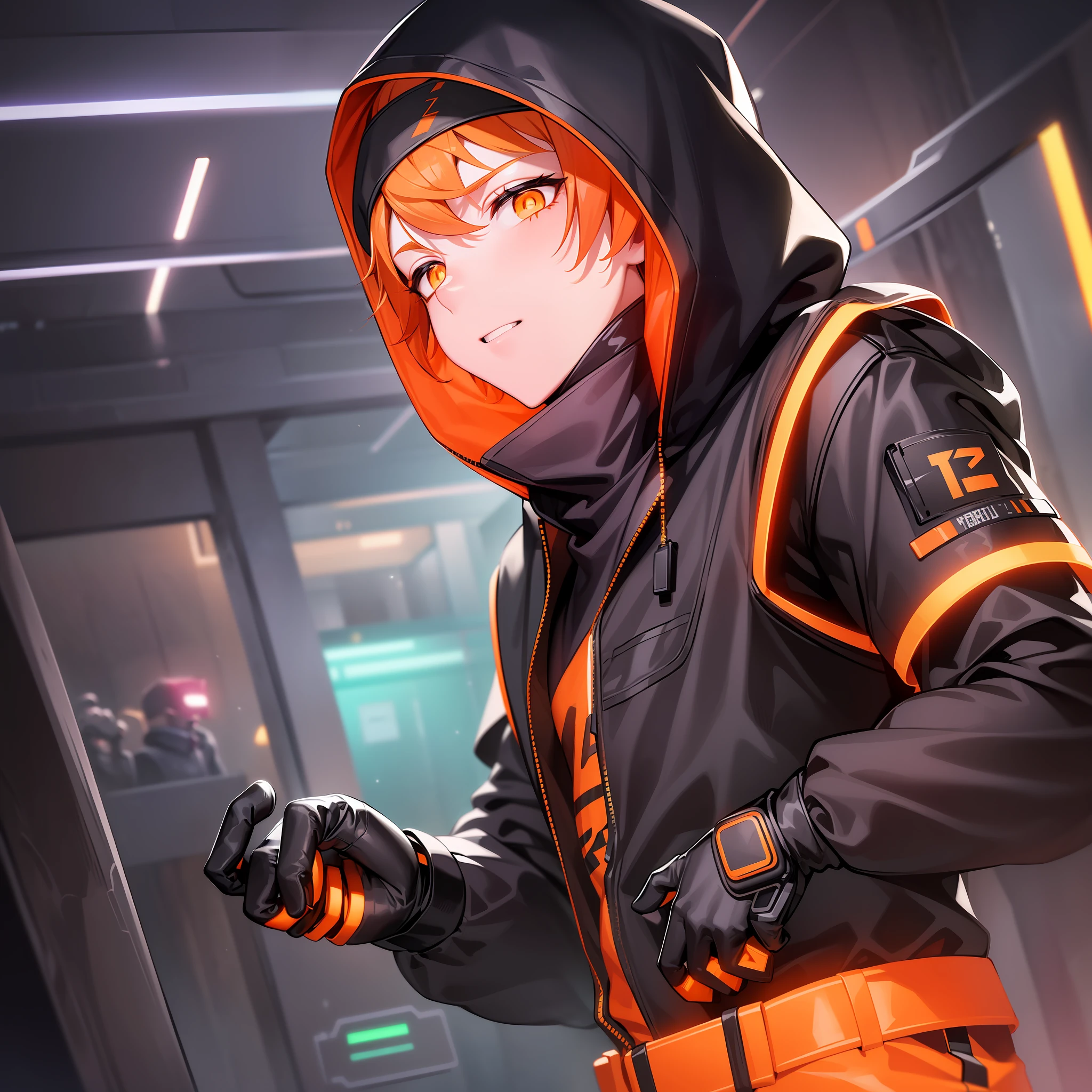 ("Techwear boy wearing LED mask")+("Orange cat with bandana in hand")+("Neon lights in the background") black background