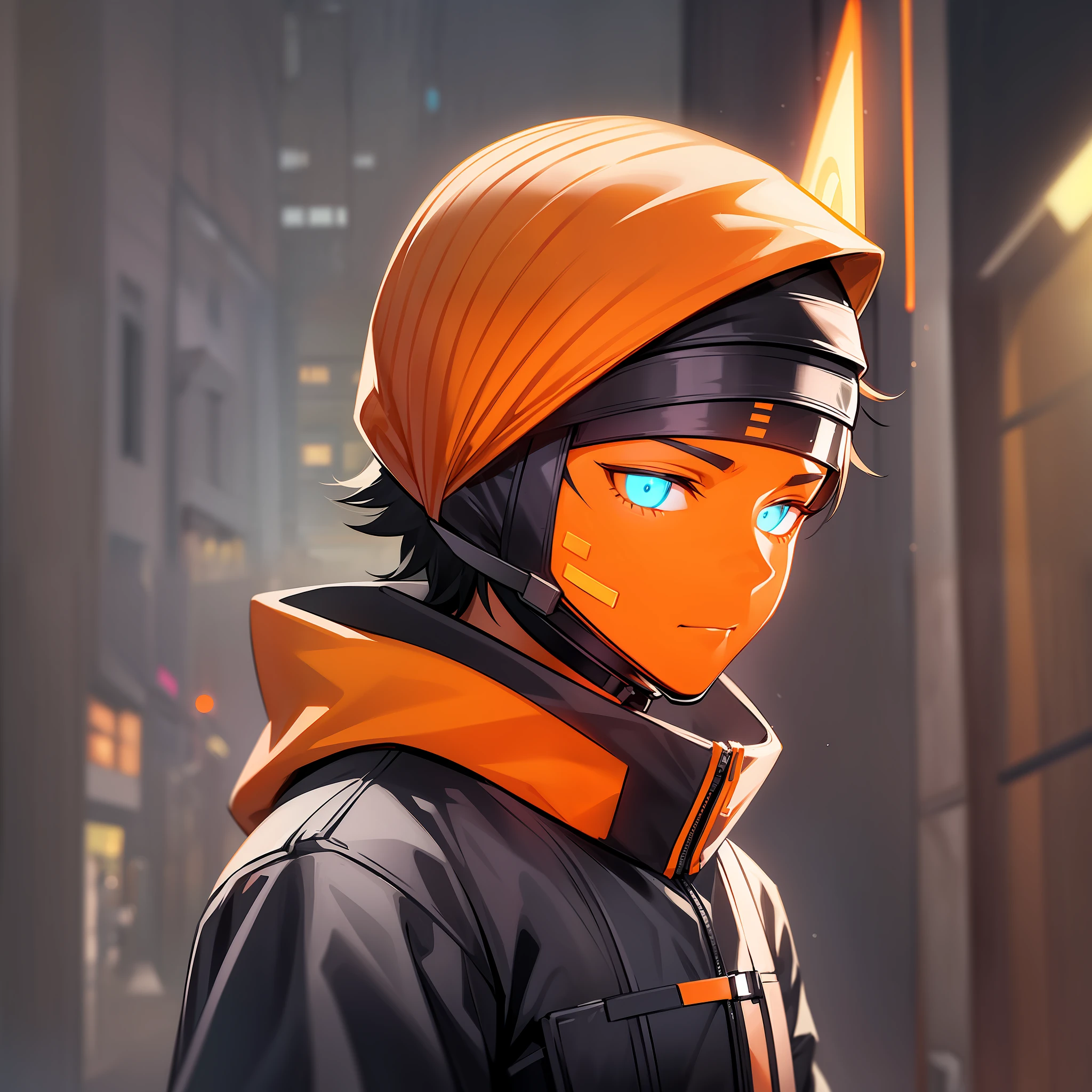 ("Techwear boy wearing LED mask")+("Orange cat with bandana in hand")+("Neon lights in the background") black background