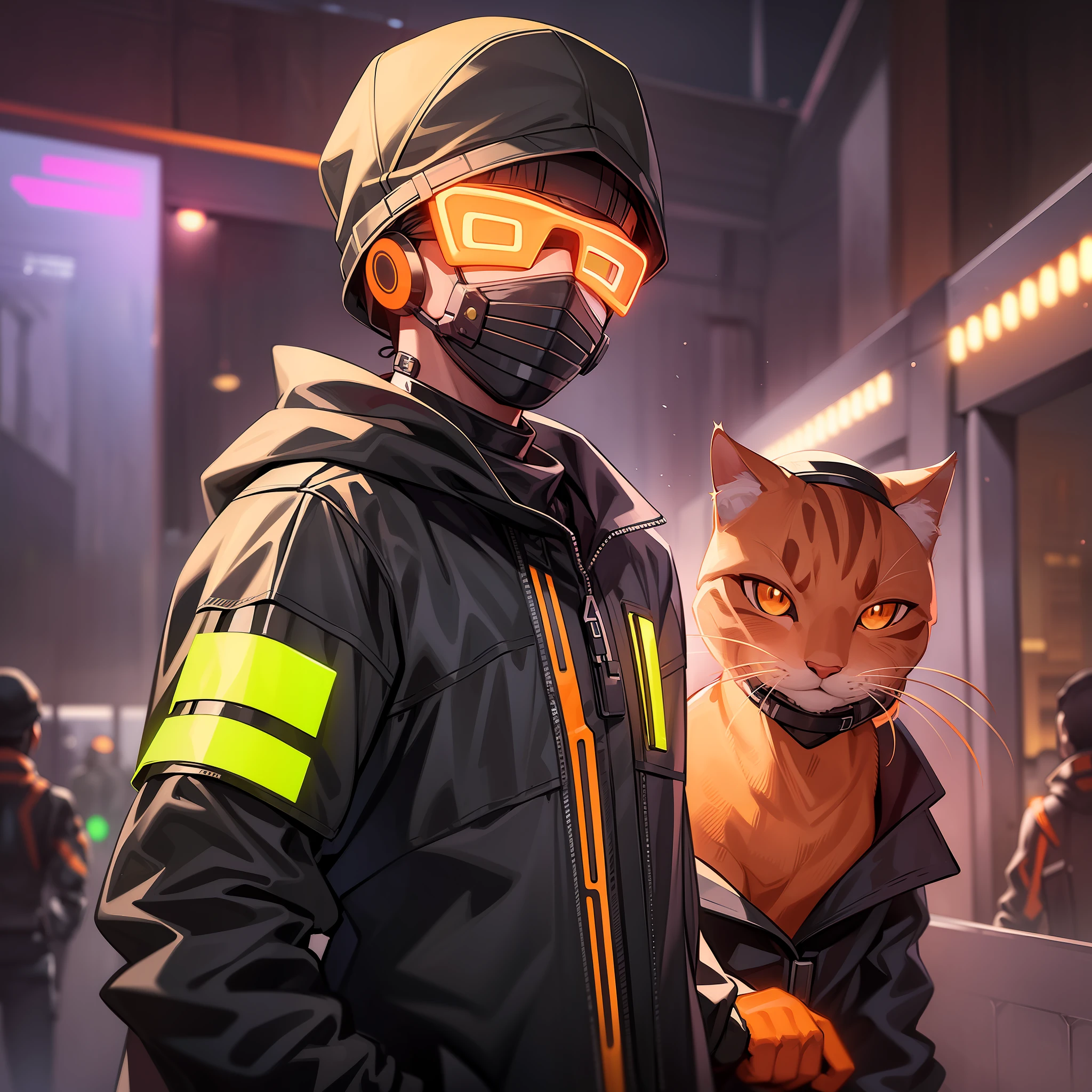 ("Techwear boy wearing LED mask")+("Orange cat with bandana in hand")+("Neon lights in the background") black background