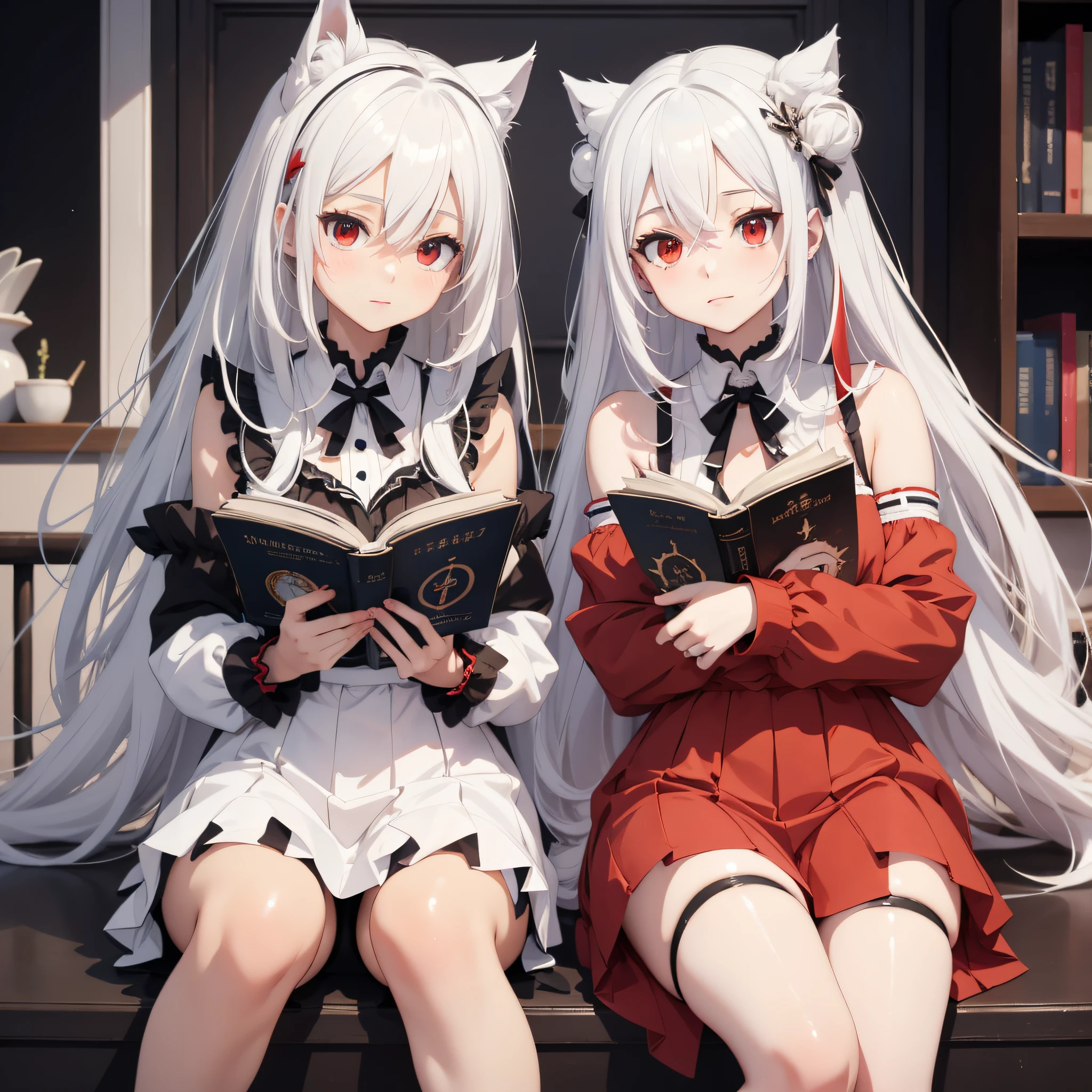 (Perfect white-haired girl + youth campus: 1.2), (anime girl + girl front style + anime visual + anime cute art style: 1.3), (long white hair + white hair + from girl front: 1.2), (one book + one book: 0.9), beautiful portrait, harmony fusion, rich picture detail, clarity, strong texture. White silk, slender beautiful legs, red eyes, two girls