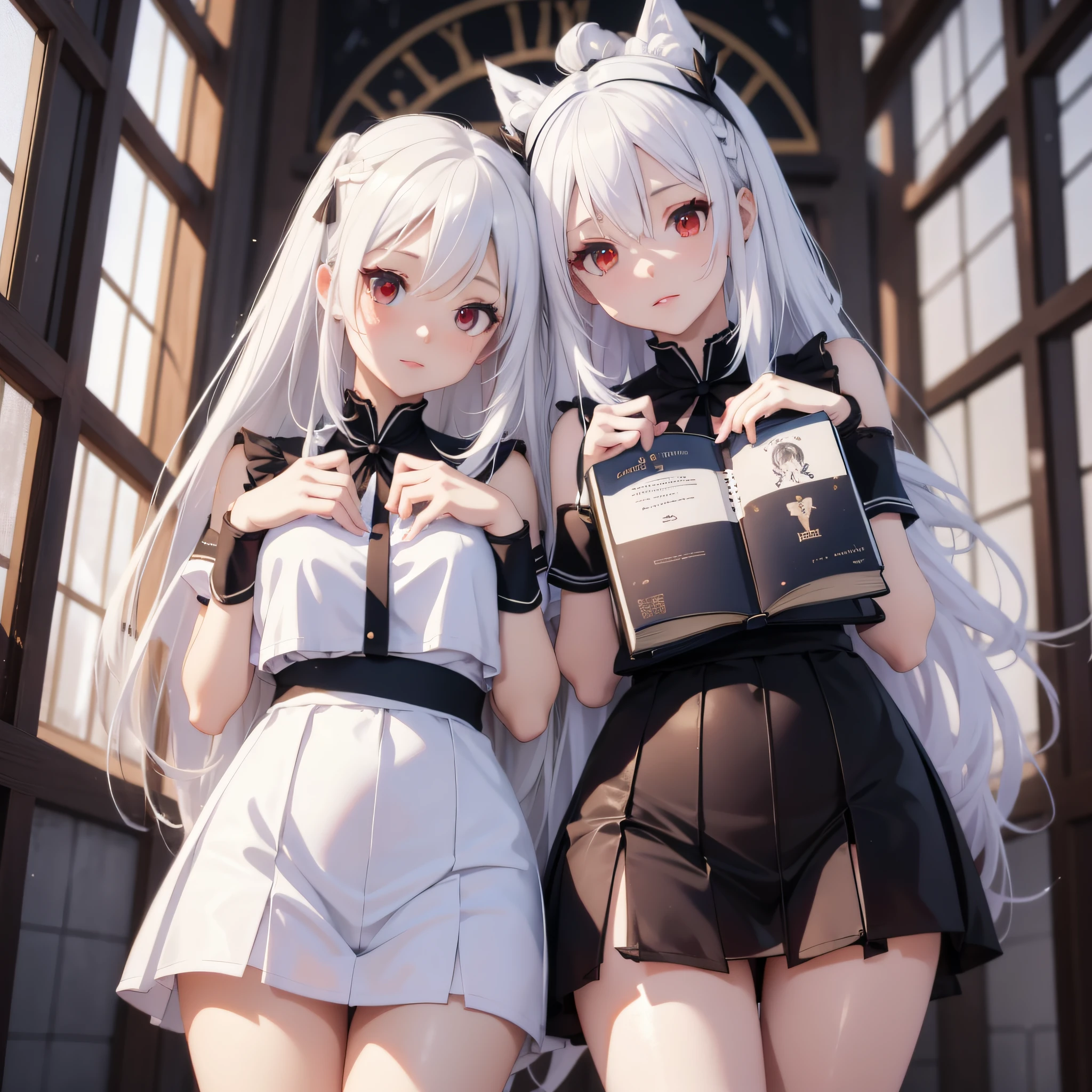 (Perfect white-haired girl + youth campus: 1.2), (anime girl + girl front style + anime visual + anime cute art style: 1.3), (long white hair + white hair + from girl front: 1.2), (one book + one book: 0.9), beautiful portrait, harmony fusion, rich picture detail, clarity, strong texture. White silk, slender beautiful legs, red eyes, two girls