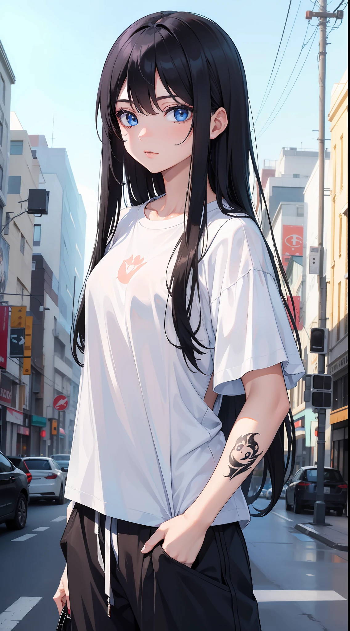 Young girl, long black hair, blue eyes, tattoo on face, white T-shirt, pants, masterpiece, high quality