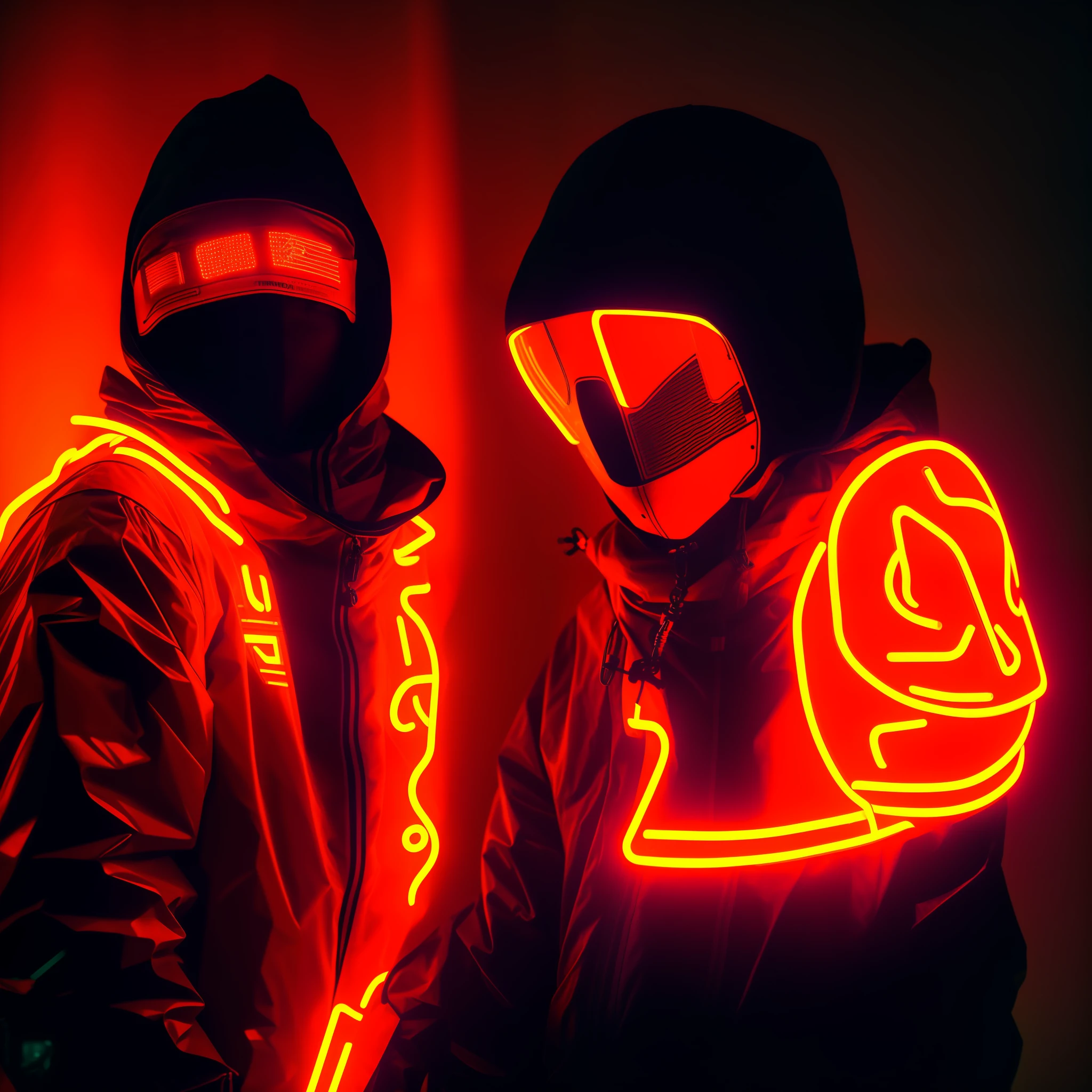 ("Techwear boy wearing LED mask")+("Orange cat with bandana in hand")+("Neon lights in the background") black background