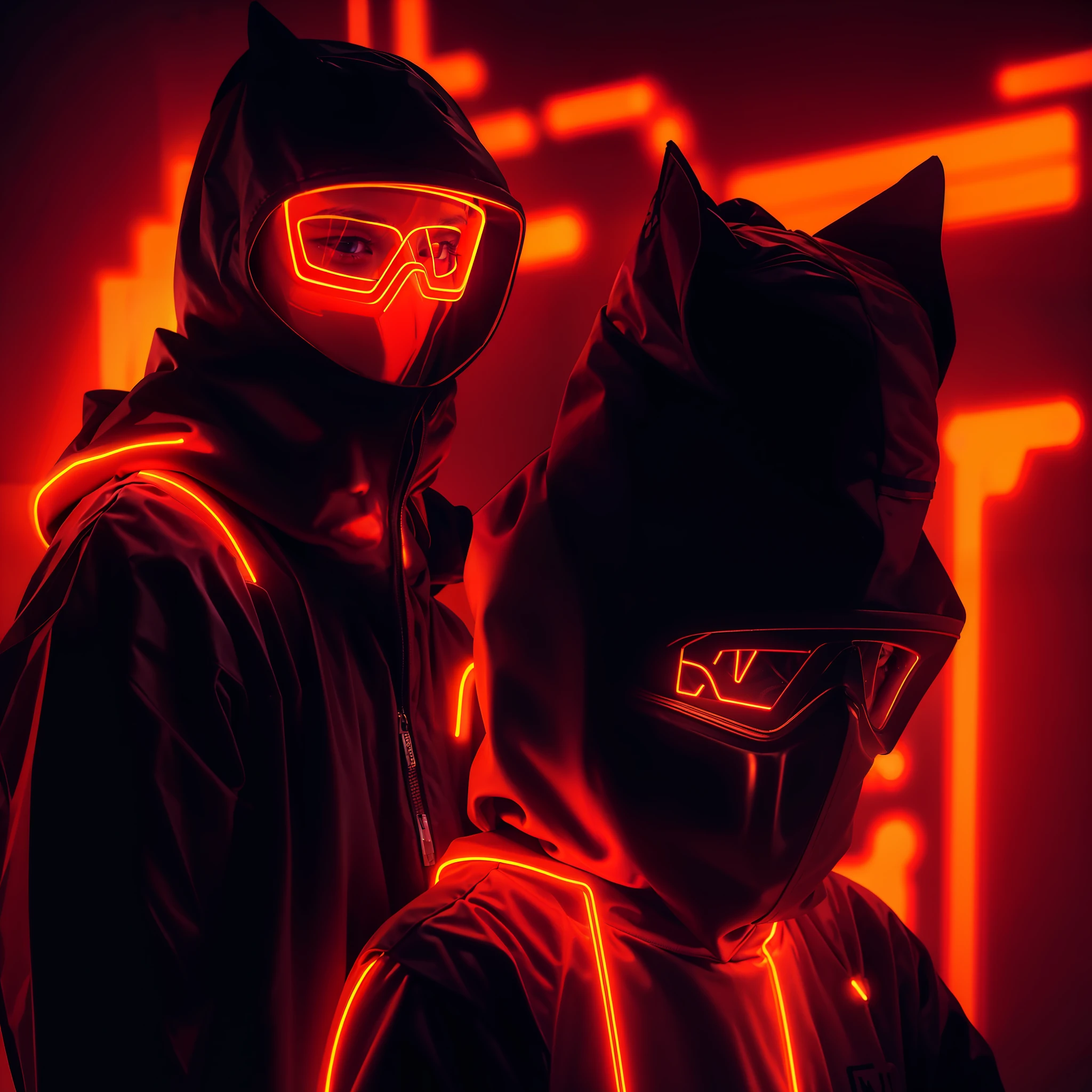 ("Techwear boy wearing LED mask")+("Orange cat with bandana in hand")+("Neon lights in the background") black background