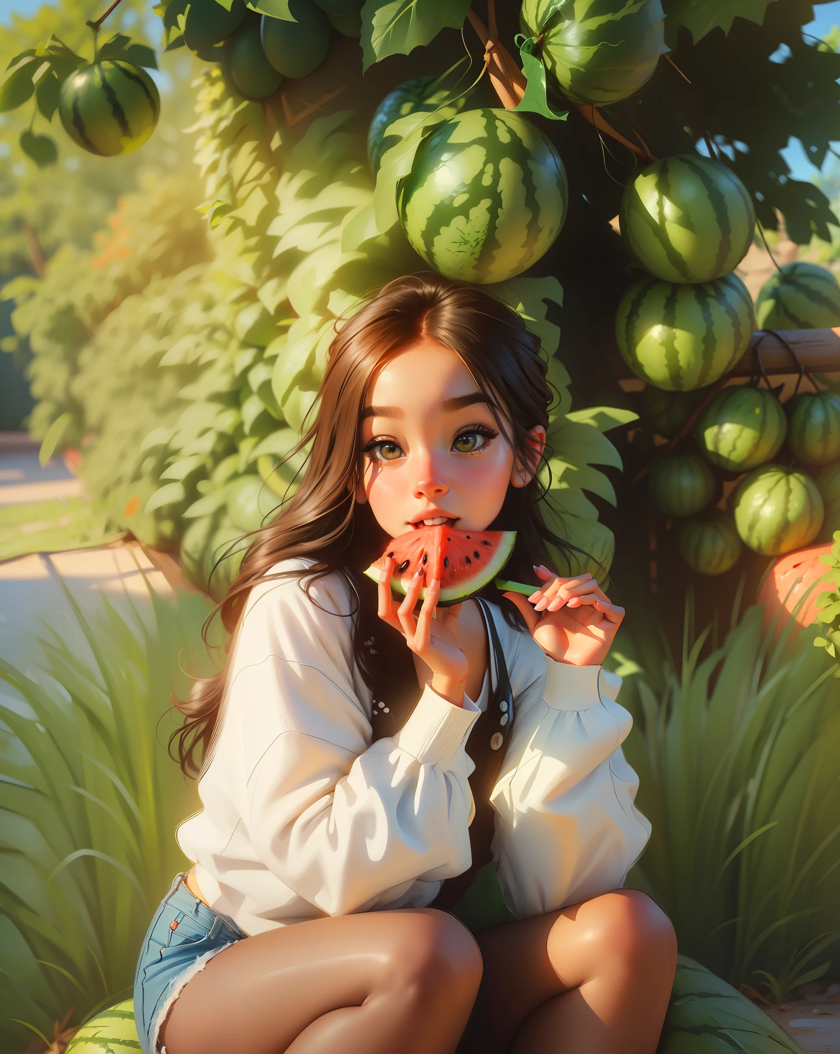 (Bright and lively Disney Pixar style)+(cute girl)+(lively atmosphere)+(realistic watermelon with detailed texture)+(Good hand)+(bright and dynamic colors)+(similar to reference photo)+(realistic expression)