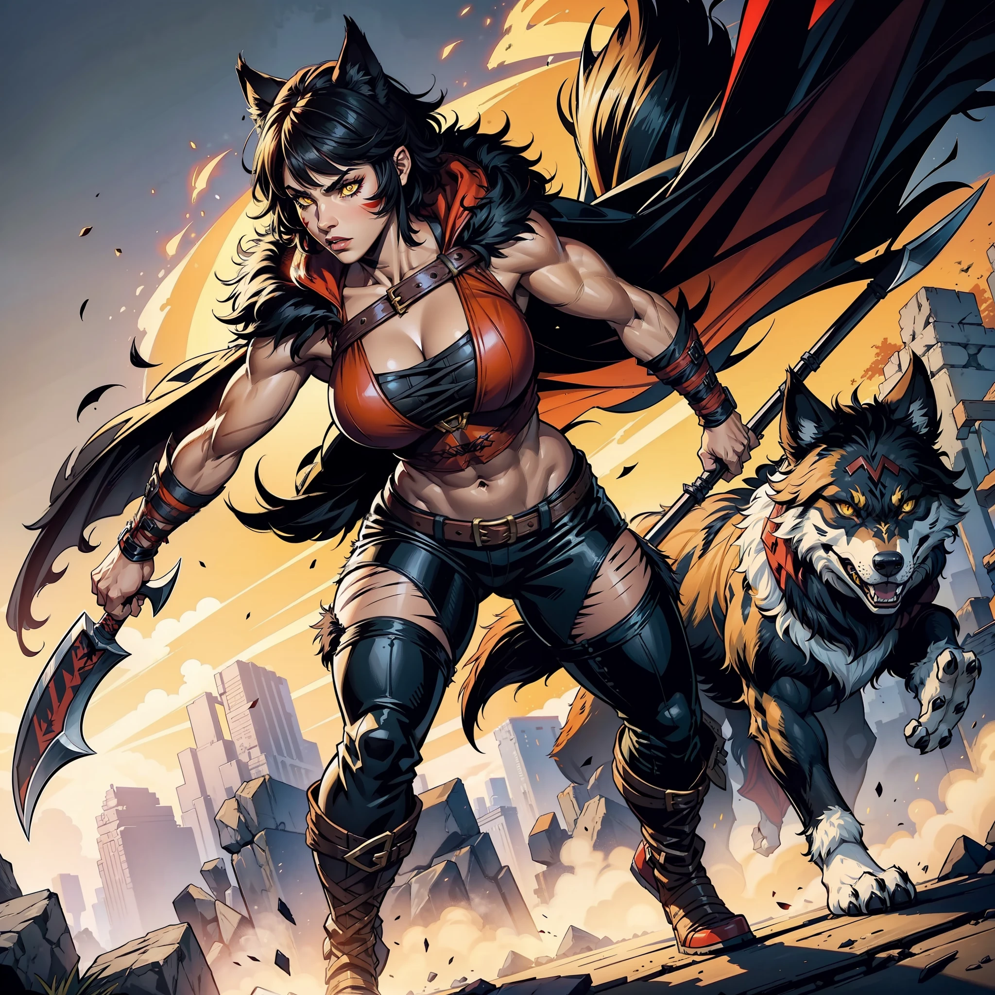 (((1 Female))) barbarian, full body, short hair, black hair, bright yellow eyes wolf fur coat, pants, red hood, axe, muscular, war paint, black forest, shadows