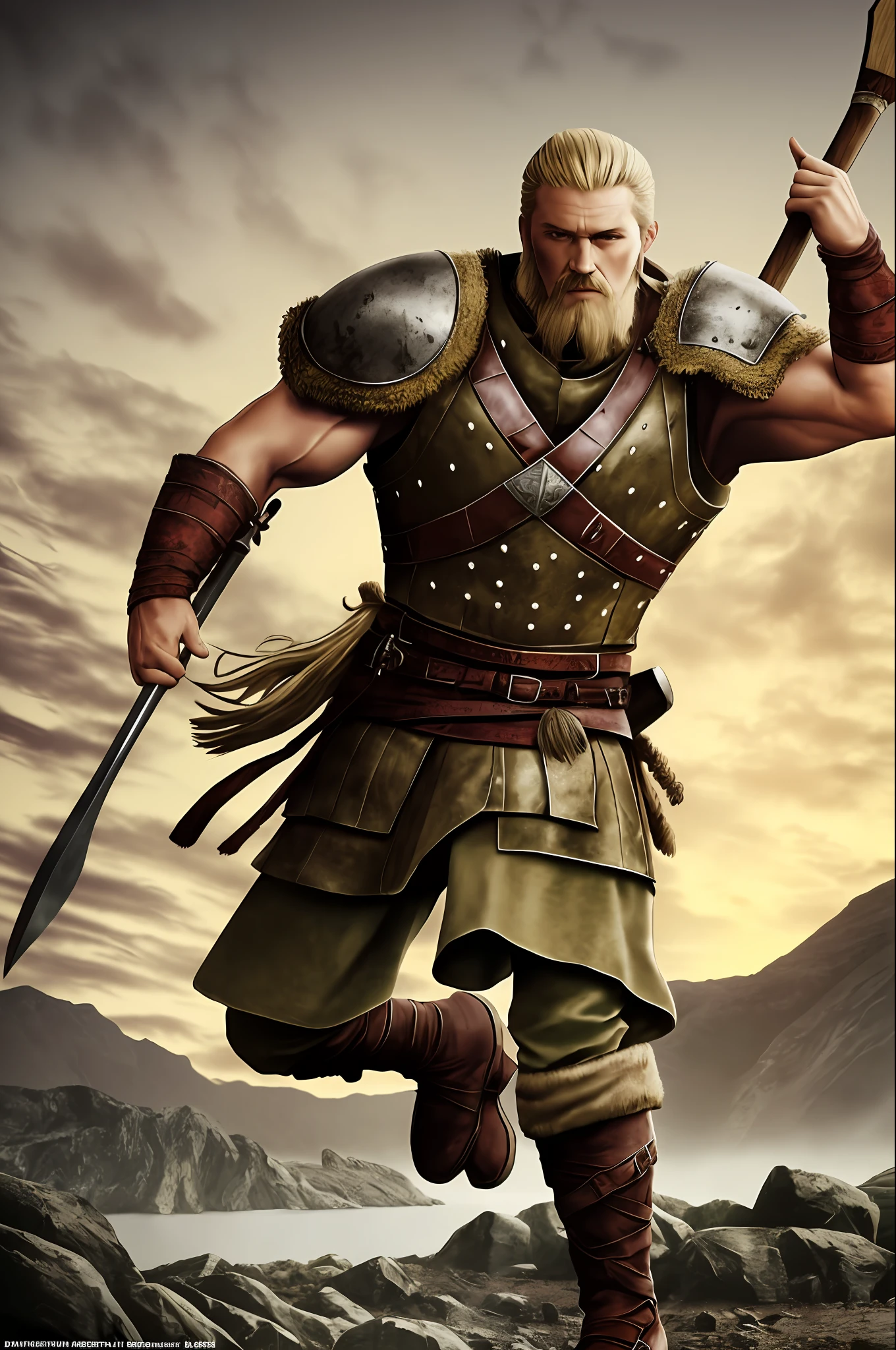 Intricately detailed, dynamic, professional photography, man, viking warrior fantasy muscle jumps for battle, cloth loin,viking clothing, battle cry, axes, shield, cake blood, wasteland, gore, grunge, grungy, grime, grimy, dirty, dirty, shallow depth of field, cinematic lighting, (highly detailed: 1.2), (hard focus), photographed on a Canon EOS-1D X Mark III, HDR, 8k resolution, giga_chad