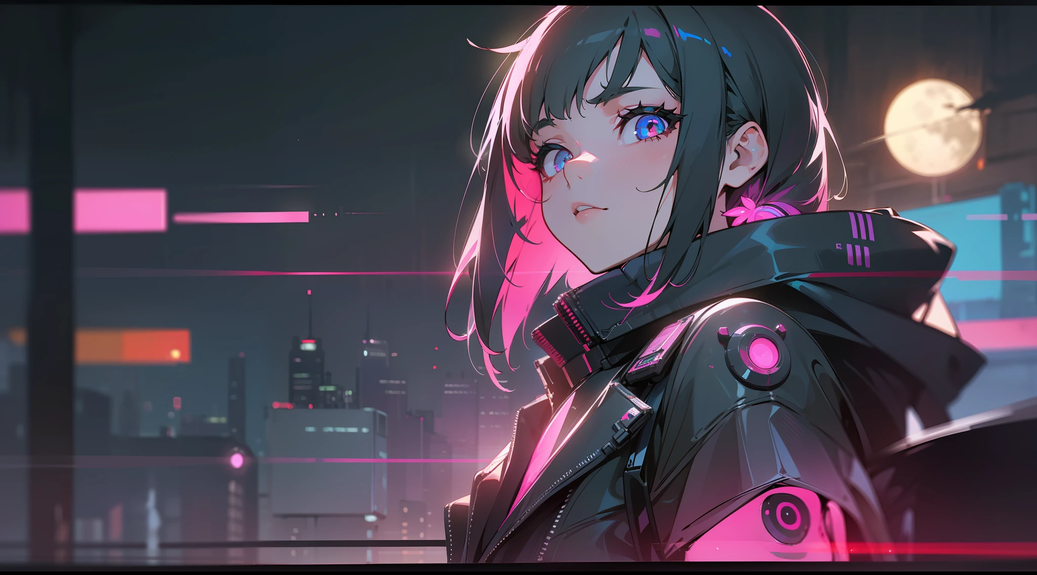 (best quality, masterpiece1.2), (detailed eye:1.2), complex detail, depth of field, 1girl, city, cyberpunk, neon, neon lights, night, moon,