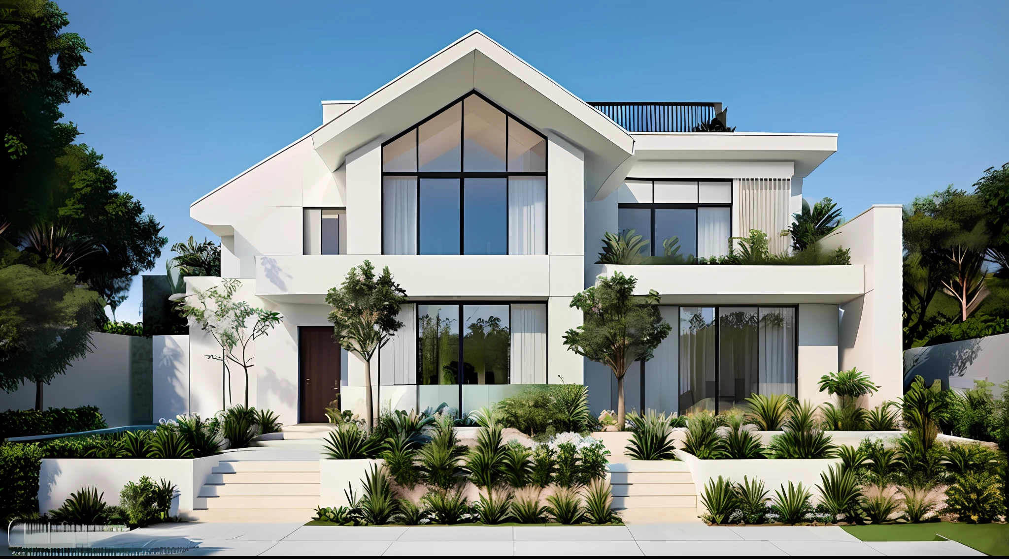 arafed white house with a large lawn and a garden, exterior design, lumion render, contemporary house, lumion rendering, concept house, neotraditional modern, large modern residence, rendered in lumion pro, architectural visualization, all white render, realistic architecture, architectural rendering, architectural render, realistic style, precise architectural rendering, very realistic render, realistic render
