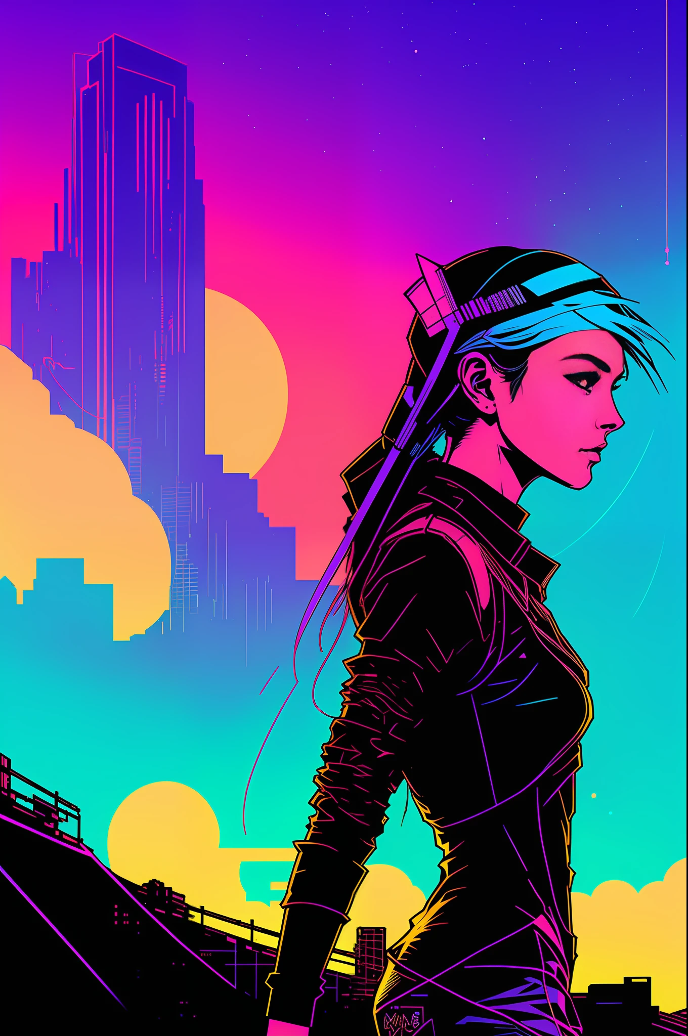 (nvinkpunk: 1.2) (synth wave style: 0.8) Beautiful petite girl head, light wave, sunset, intricate, highly detailed, edge light