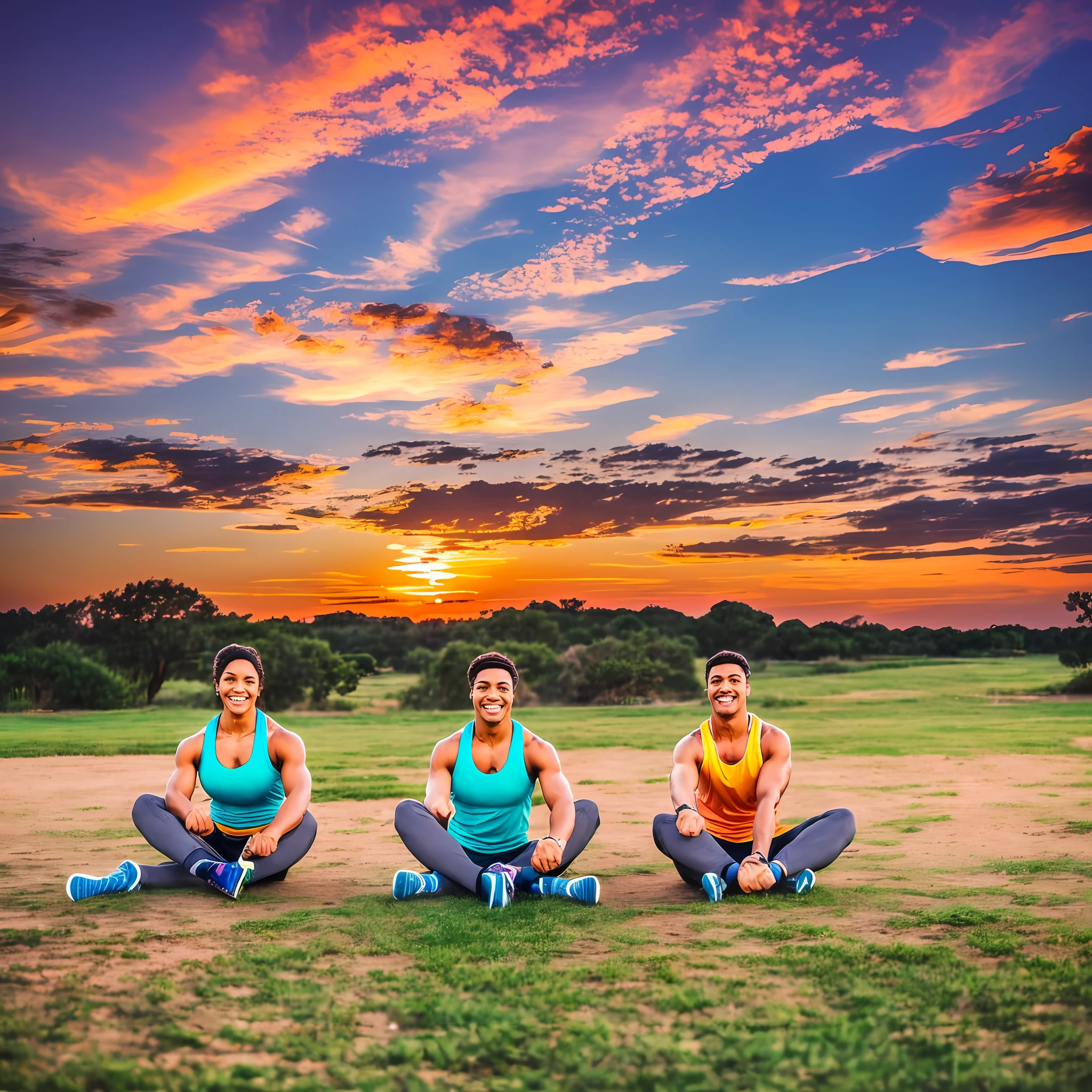 Landscape image with colorful sunset with People smiling while doing physical exercises and fitness and physical training defined. --auto --s2