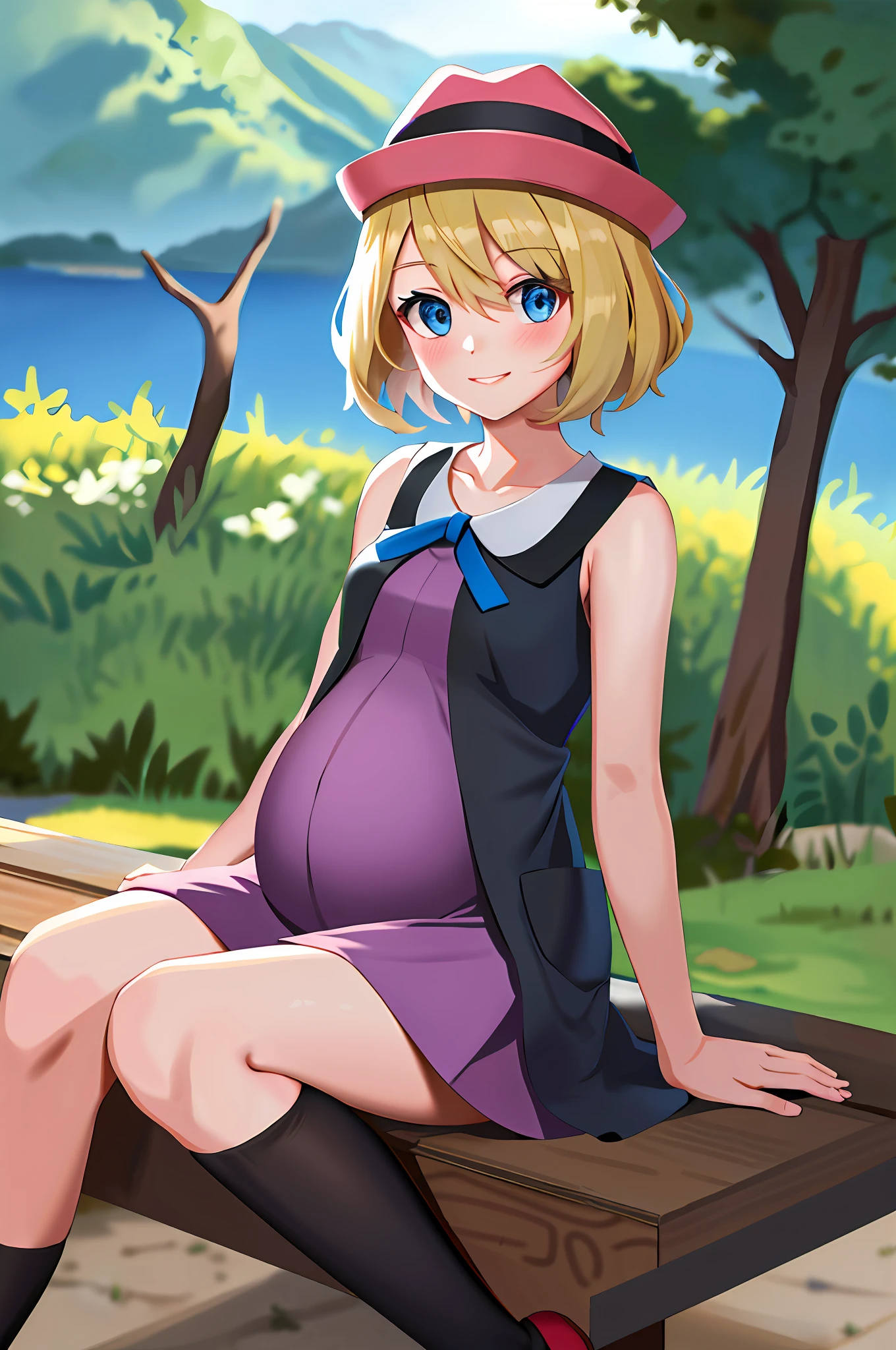masterpiece, best quality, highres, serene \(pokemon\), short hair, blue eyes, 1girl, solo, blue ribbon, eyelashes, black thighs, neck ribbon, sleeveless, bangs, collarbone, bare arms, pink dress, red coat, pink hat, outdoor, sitting, peace_sign, pregnant, blushing, smile, long stockings, black stockings, mid-thigh.