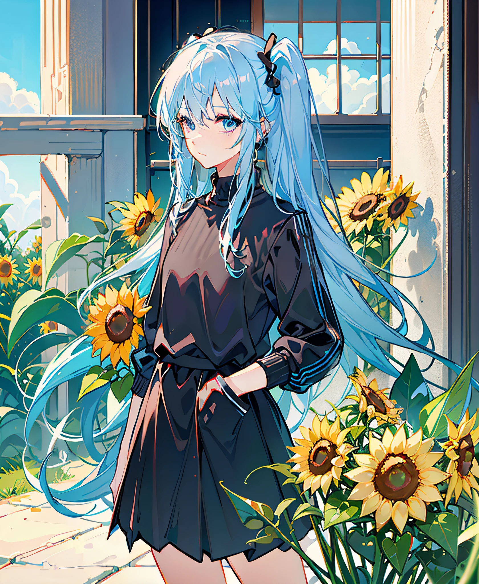 Masterpiece, best quality, light blue hair, double ponytail, bangs, looking at the audience, 1girl, black sweater, blue eyes, sea of sunflower flowers, short skirt, hands behind the back