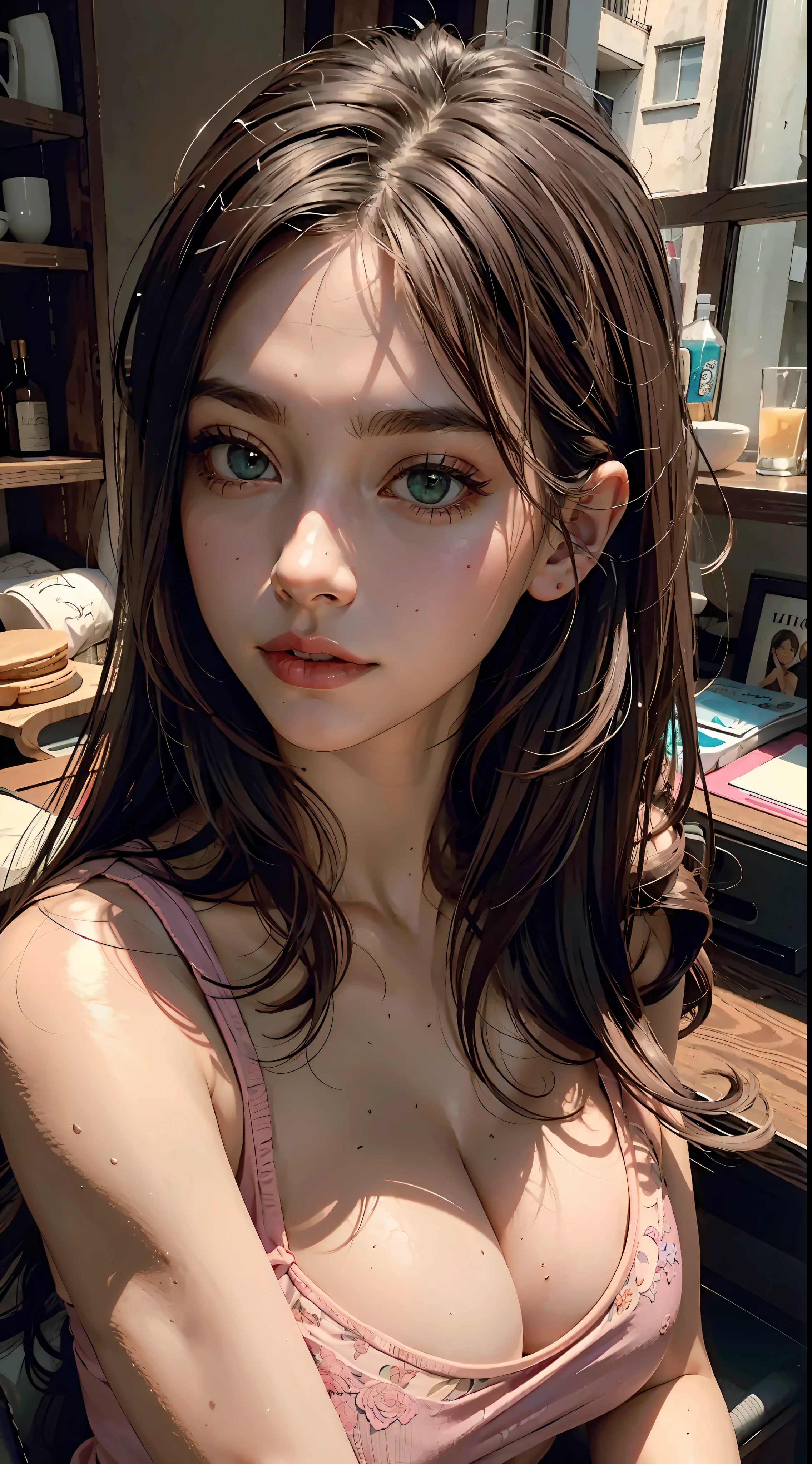cinematic shot, centered, half body, portrait, masterpiece, cinematography, intricately detailed, crafted, meticulous, magnificent, maximum details, extremely hyper aesthetic, realistic, (((1girl, solo))), dark brown hair, long straight hair, straight bangs, green eyes, pink tank top:1.6, young european female, perfect body, perfect face, light makeup, light pink lips, medium breasts, cleavage