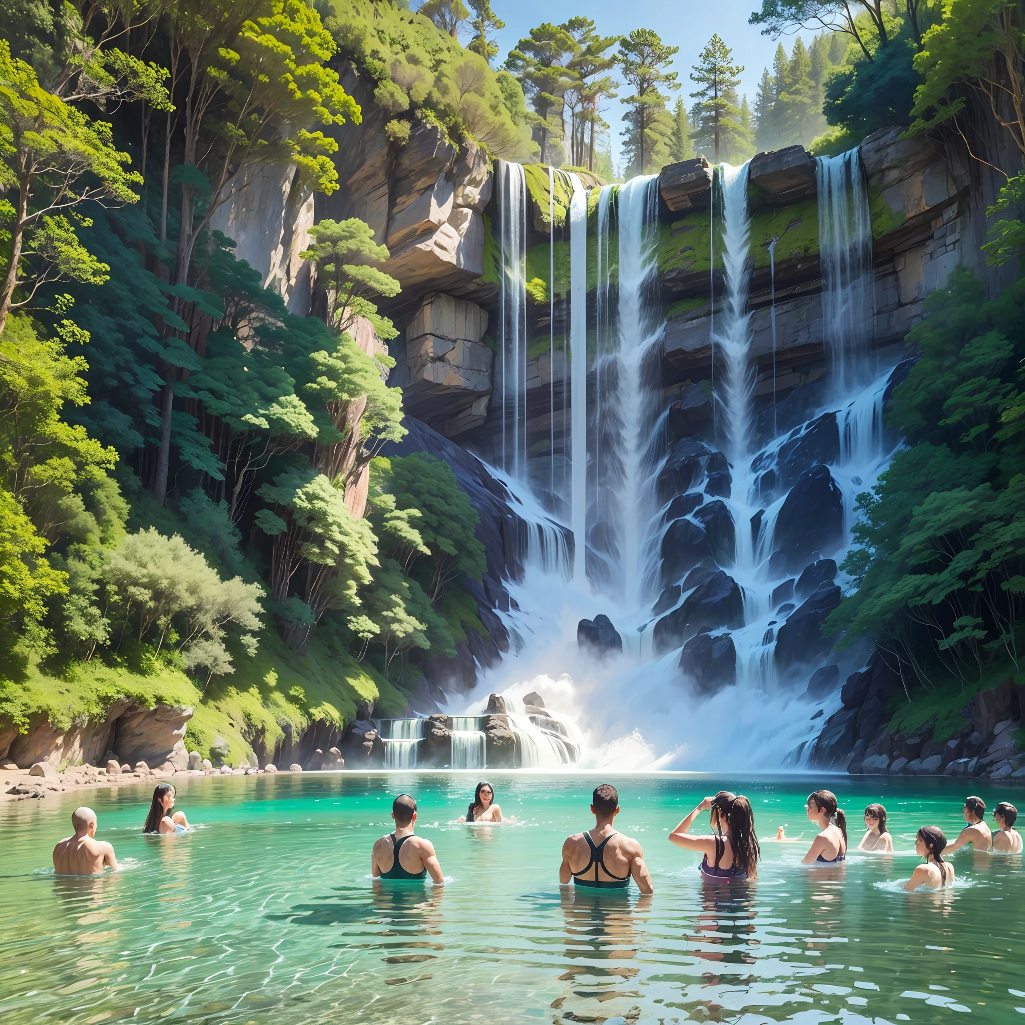 Photo of an imposing waterfall, surrounded by a dense green forest. Happy people swimming and cooling off in the crystal clear waters. --auto --s2