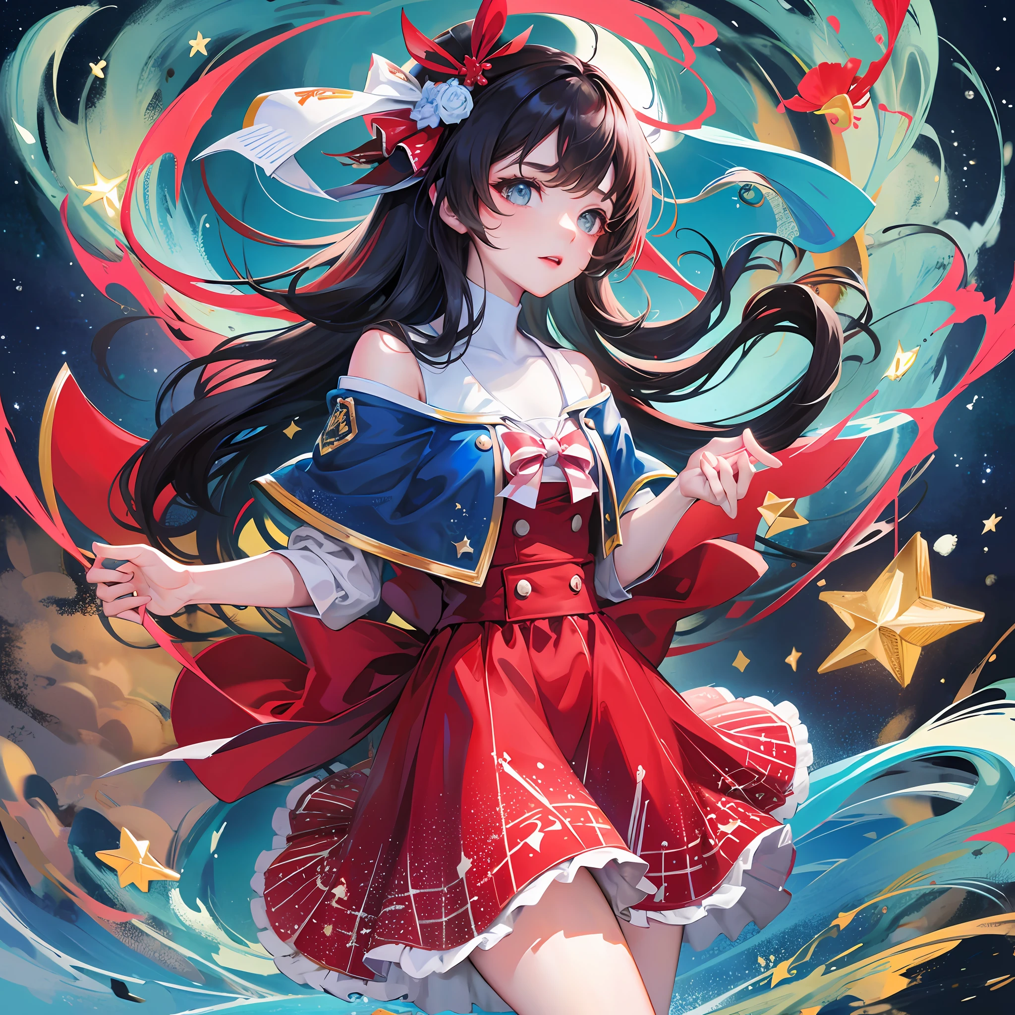 On the blue sea, under the bright starry sky, stood a pure girl wearing a red kick and holding it --auto --s2