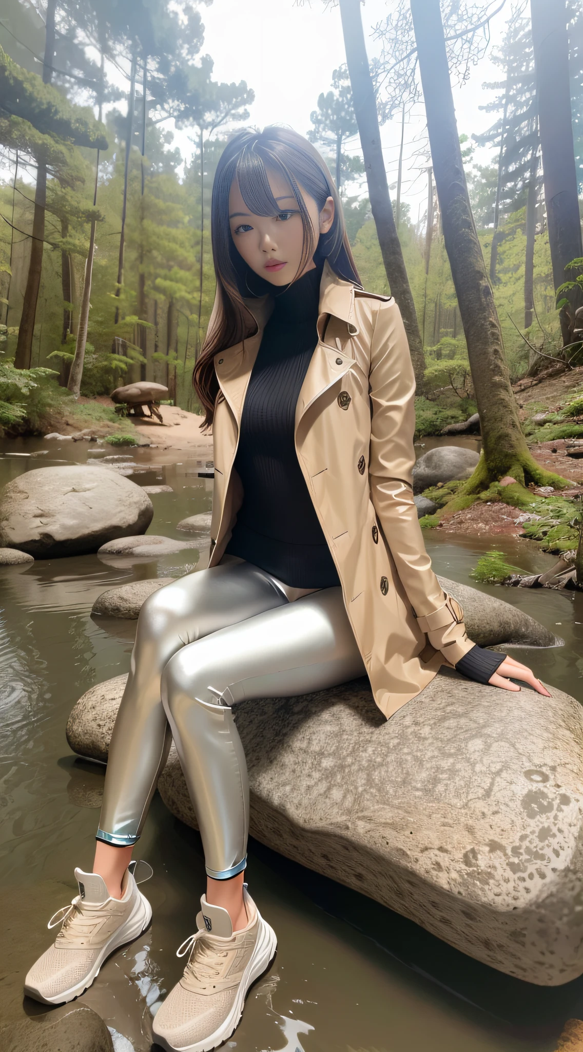 A long-legged girl wearing a beige trench coat and silver leggings, sneakers, sat on a large rock in the middle of the forest, surrounded by water