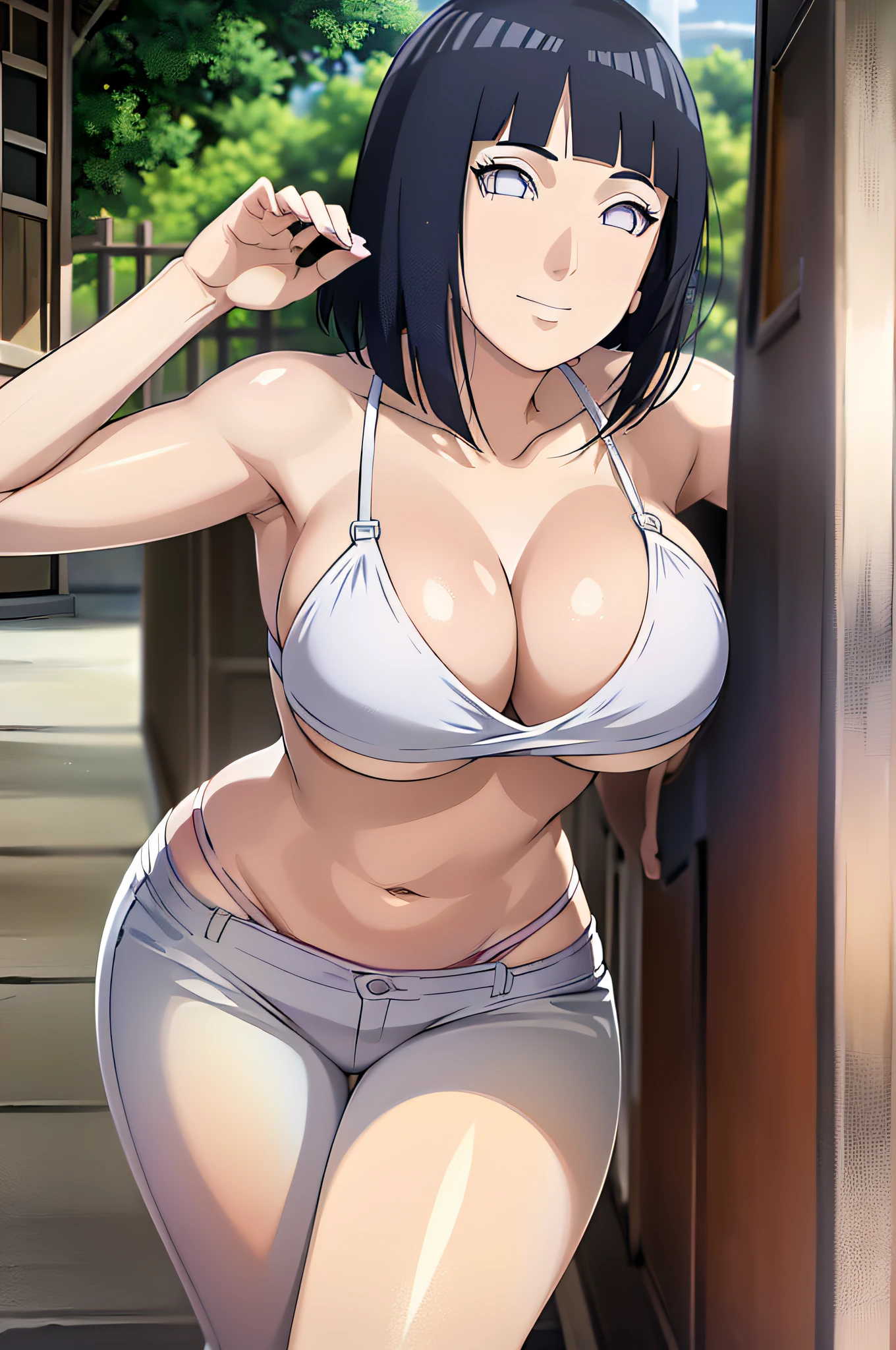 (masterpiece, anime style:1.9, nice mood, correct anatomy, wind effect, polished nails, white bikini top, long jeans bottom), hinata\(boruto\), mature female, standing, milf, (curvy:0.8), solo, short hair, hime cut, (dark blue hair color:1.1), white, big breasts, flat belly, perfect eyes, anime eyes, smoky eyeliner, eyeshadow, perfect face, shy, sharp focus, professional artwork, intricate details, colorful, vibrant colors, vivid colors, digital blending, ultra detailed body, ultra detail hair, ultra detail face, trending on pixiv, kind smile, happy, very hot colors, sunrays, leaning forward, naughty face, looking up