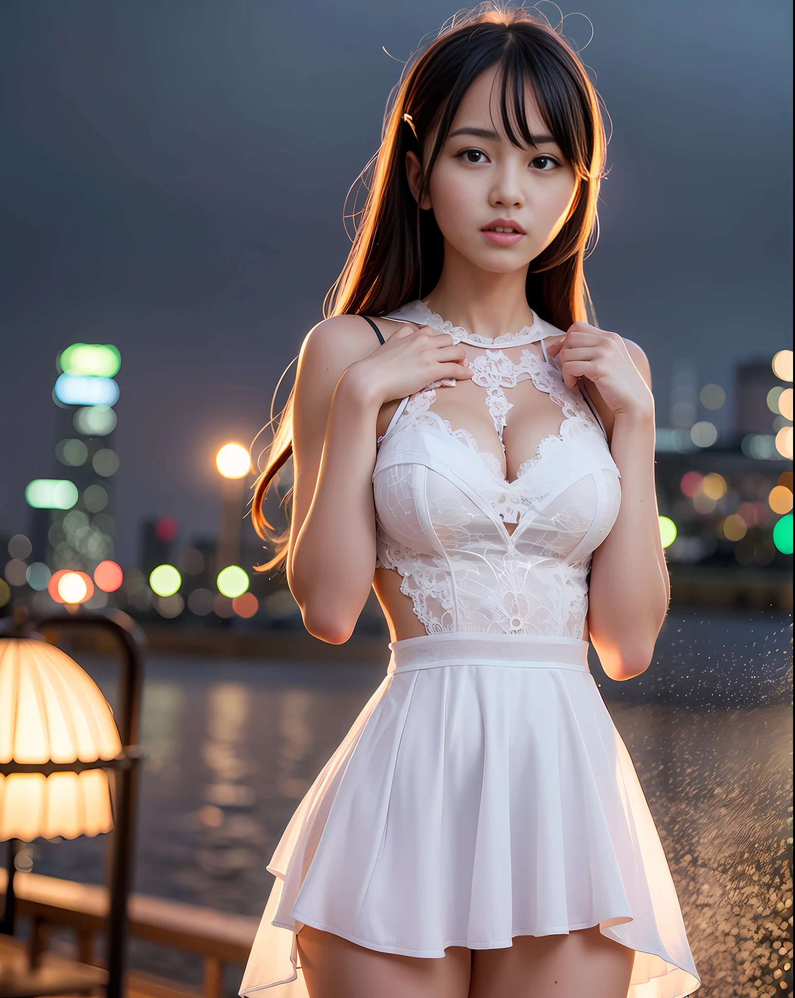 (8k, RAW photo, best quality, masterpiece:1.2), (realistic, photo-realistic:1.37),st. louis \(luxurious wheels\) \(azur lane\),1girl,(Kpop idol), (aegyo sal:1),hair ornament, portrait, lace dress:1.1), white ,cute, night, rain, wet, professional lighting, photon mapping, radiosity, physically-based rendering,