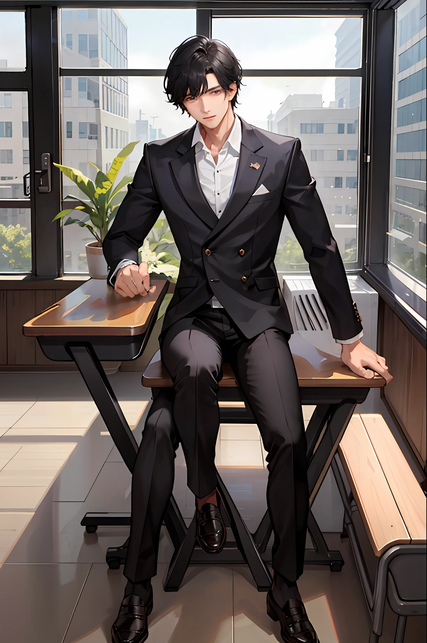 1boy, [detailed background (classroom, school)], black hair, jet black hair, short black hair, korean hairstyle, bowl hairstyle, lean and muscular male, alpha male, masculine male, tall male, teenager ((man wears an white school uniform)), correct limbs, correct ???????, handsome, Eye details, beautiful eyes, delicate eyes, amber eyes, avoid different eyes, broad chest, broad shoulders, tiny waist, long legs, sitting on the chair at classroom